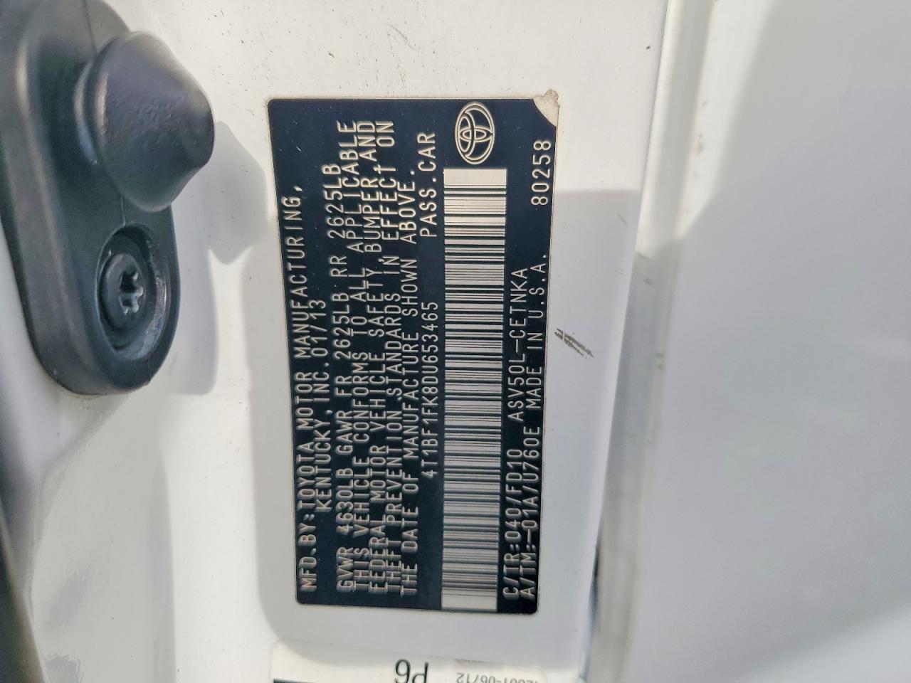 2013 Toyota Camry Le Белый vin: 4T1BF1FK8DU653465