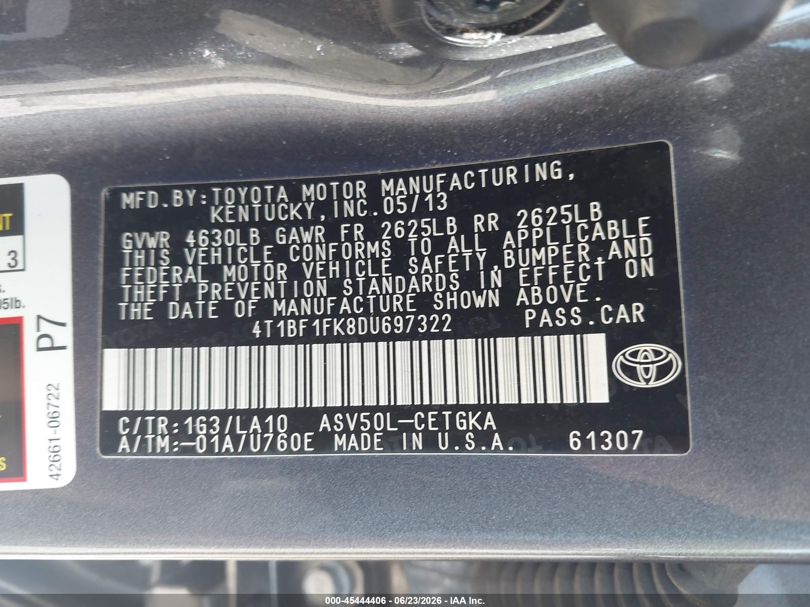 2013 Toyota Camry Xle Gray vin: 4T1BF1FK8DU697322
