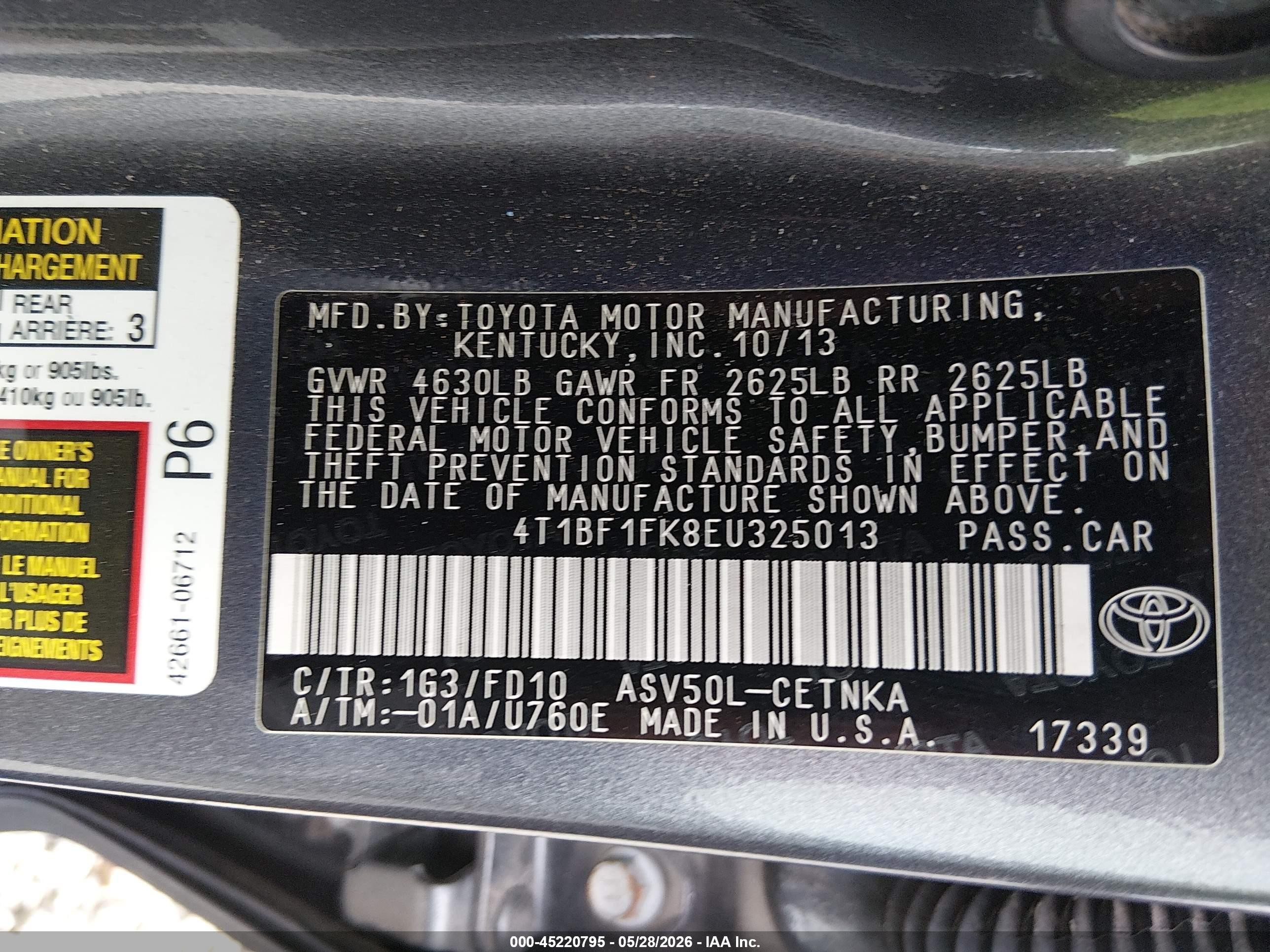 2014 Toyota Camry Le Gray vin: 4T1BF1FK8EU325013
