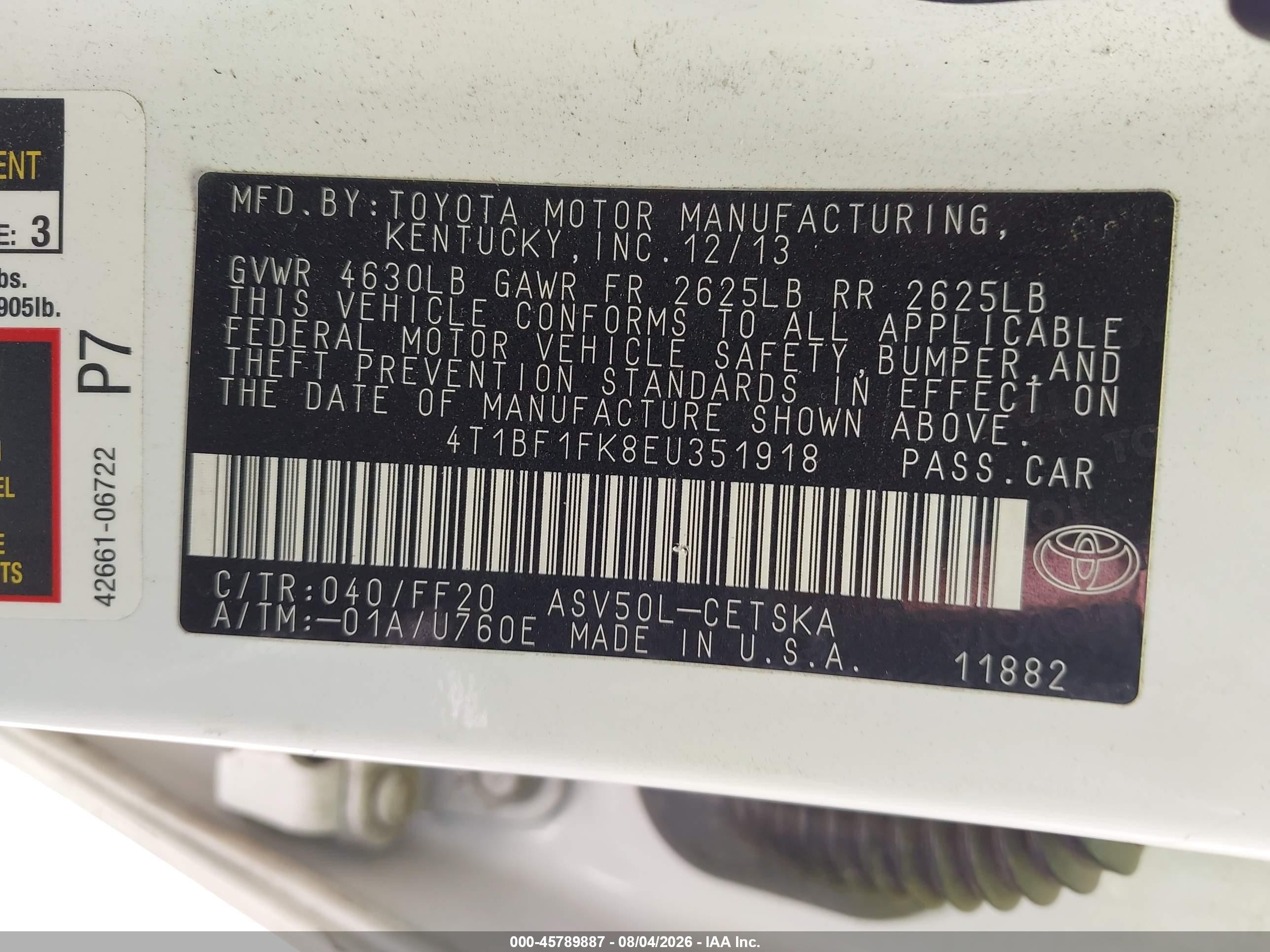 2014 Toyota Camry Se White vin: 4T1BF1FK8EU351918