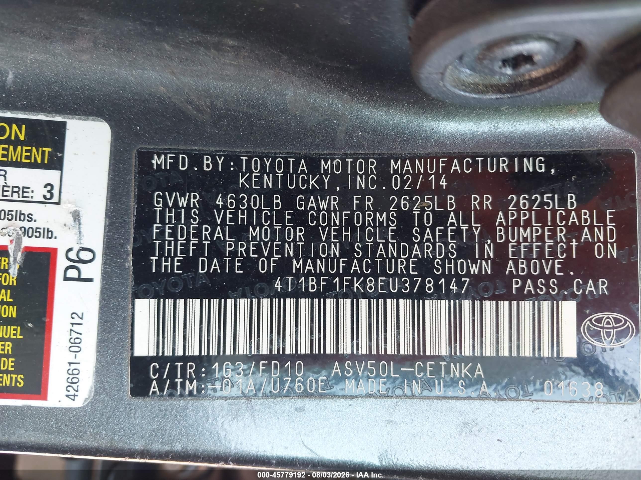 2014 Toyota Camry Le Gray vin: 4T1BF1FK8EU378147