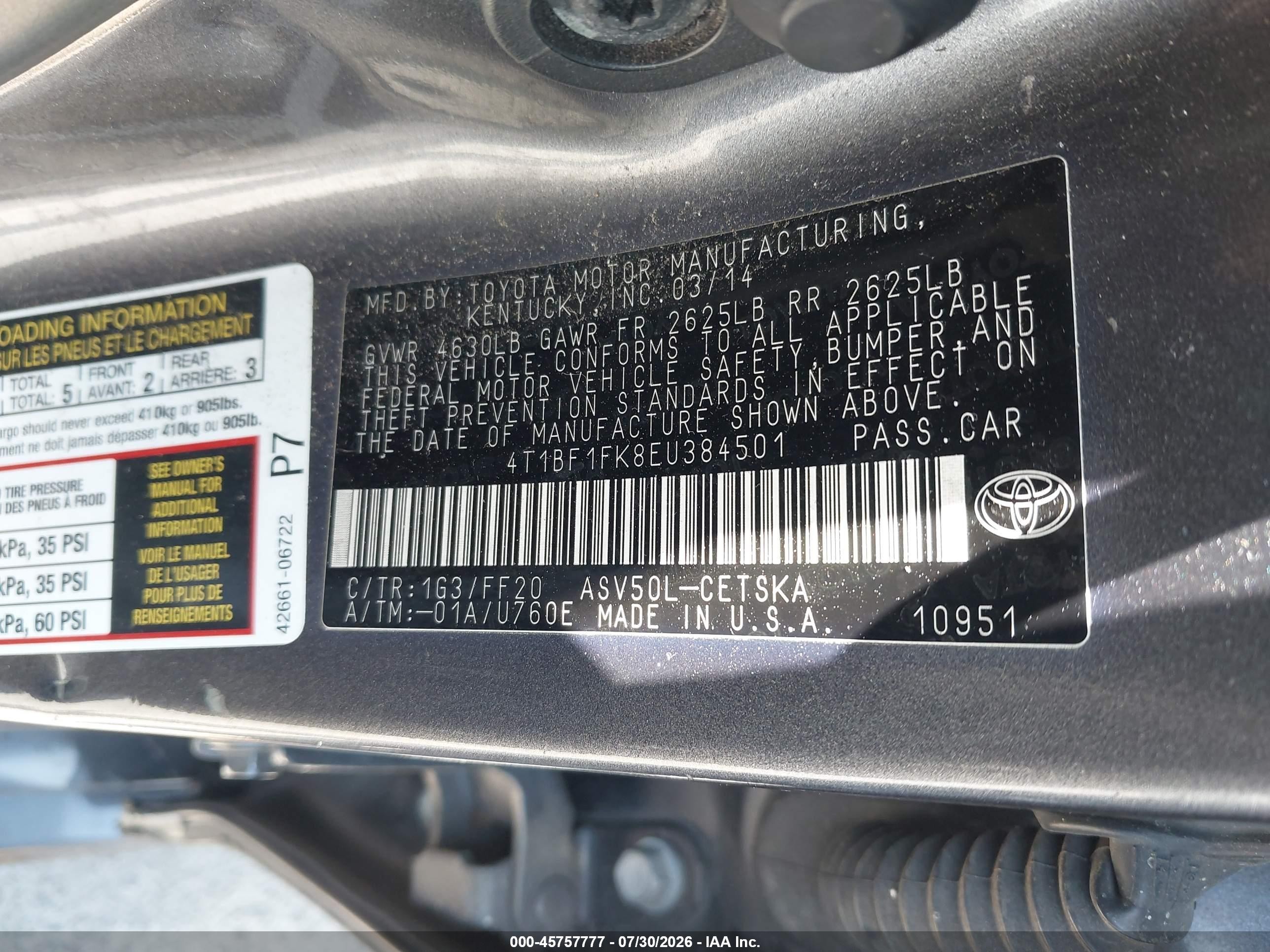 2014 Toyota Camry Se Gray vin: 4T1BF1FK8EU384501