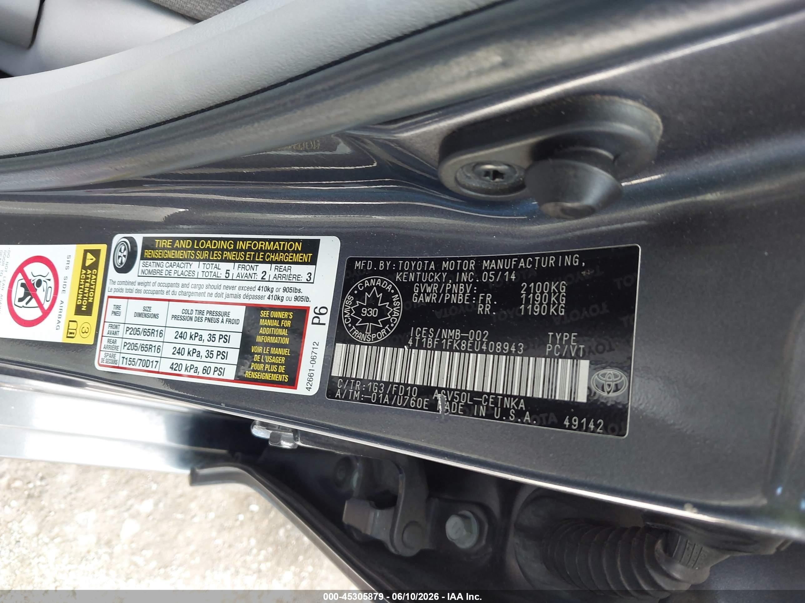 2014 Toyota Camry Le Gray vin: 4T1BF1FK8EU408943