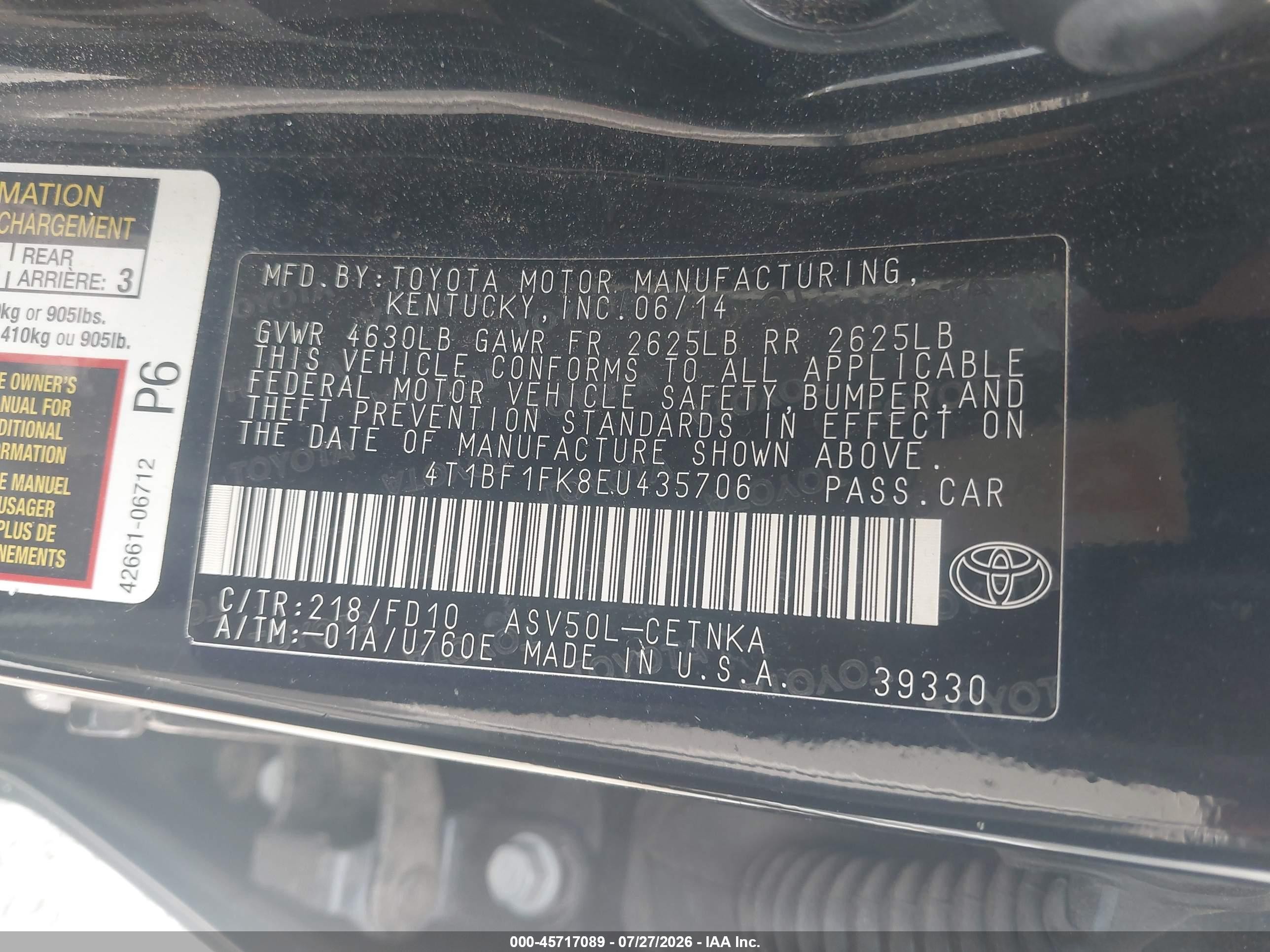 2014 Toyota Camry Le Черный vin: 4T1BF1FK8EU435706