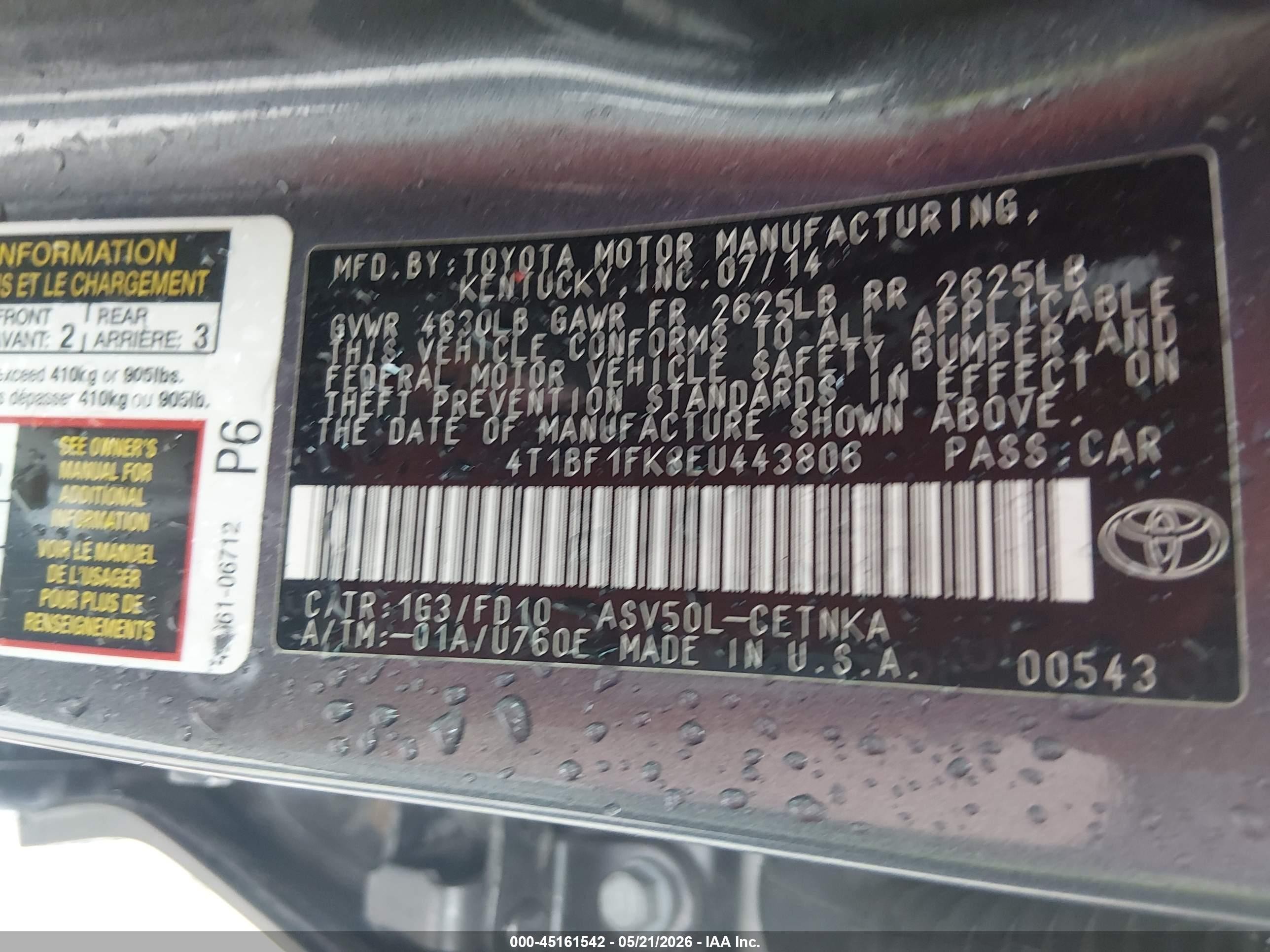 2014 Toyota Camry Le Gray vin: 4T1BF1FK8EU443806