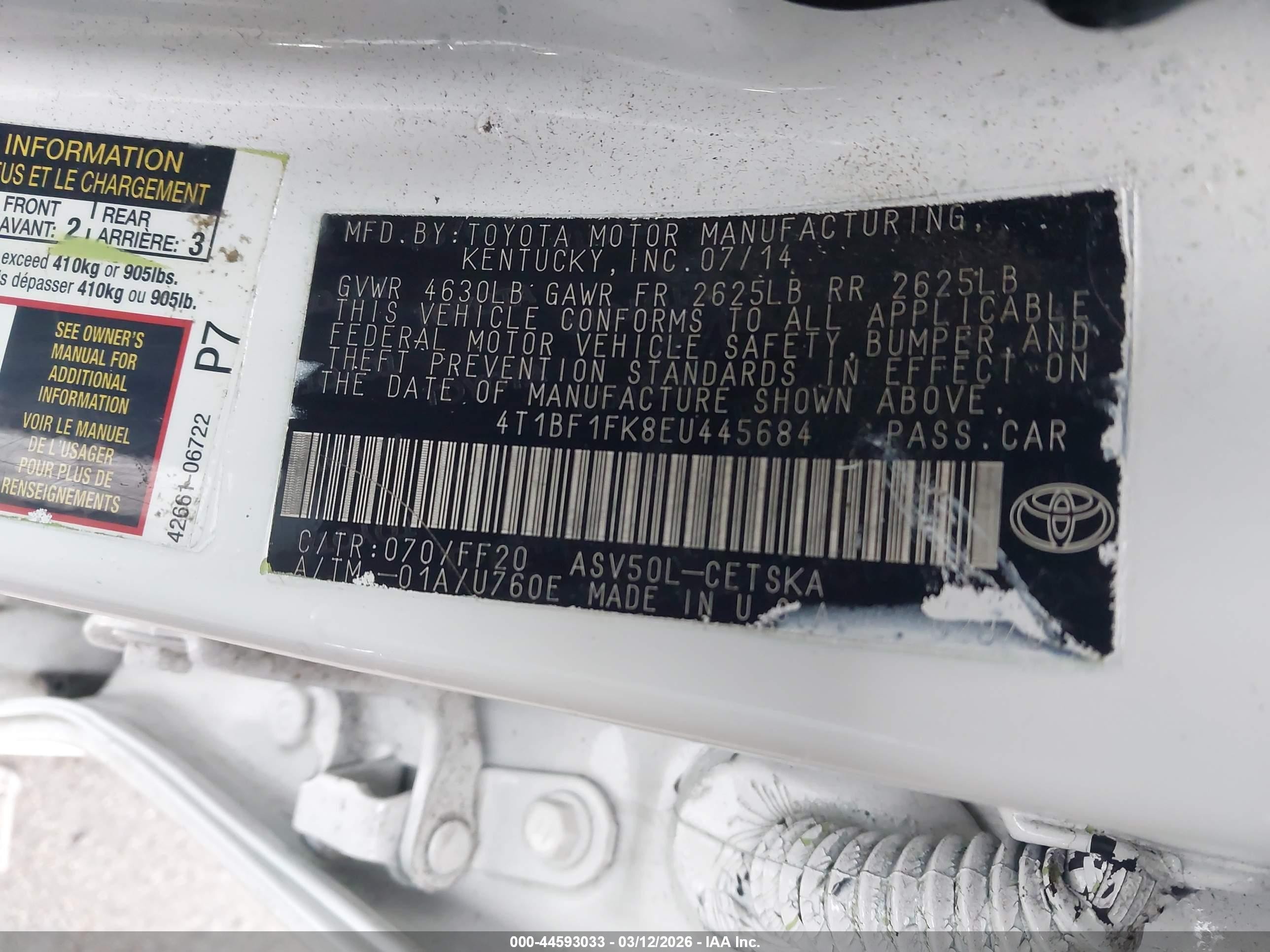 2014 Toyota Camry Se White vin: 4T1BF1FK8EU445684