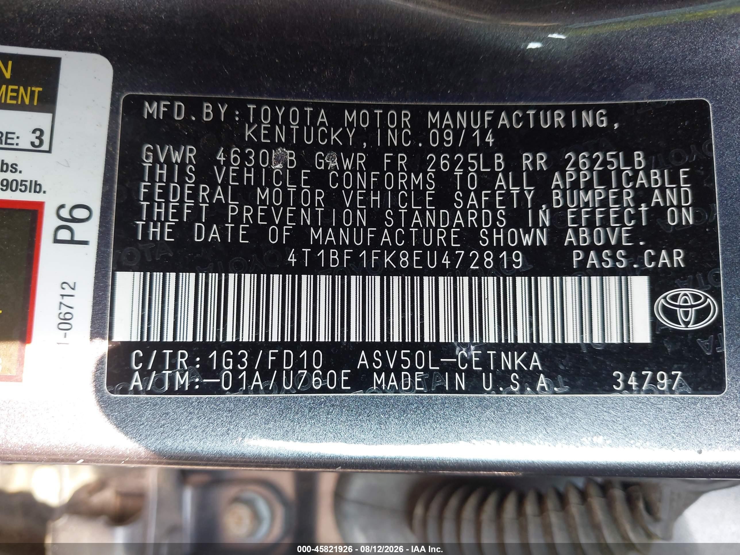2014 Toyota Camry Le Gray vin: 4T1BF1FK8EU472819