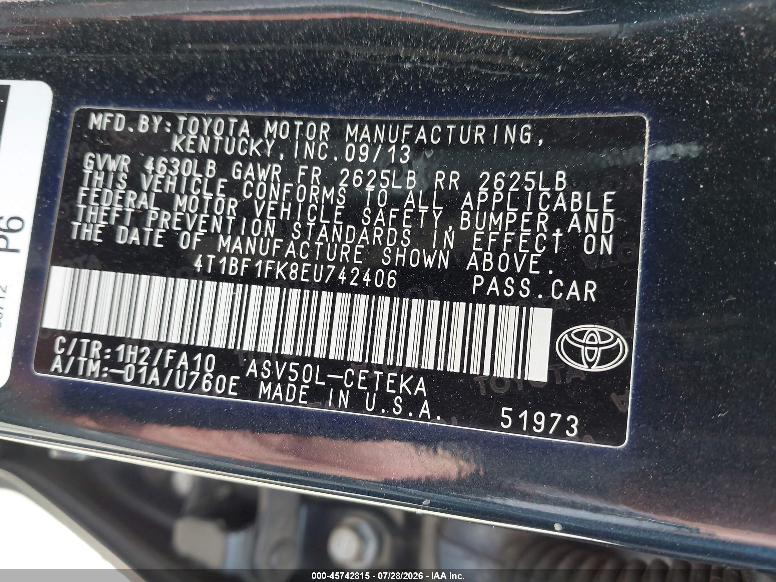 2014 Toyota Camry L Черный vin: 4T1BF1FK8EU742406