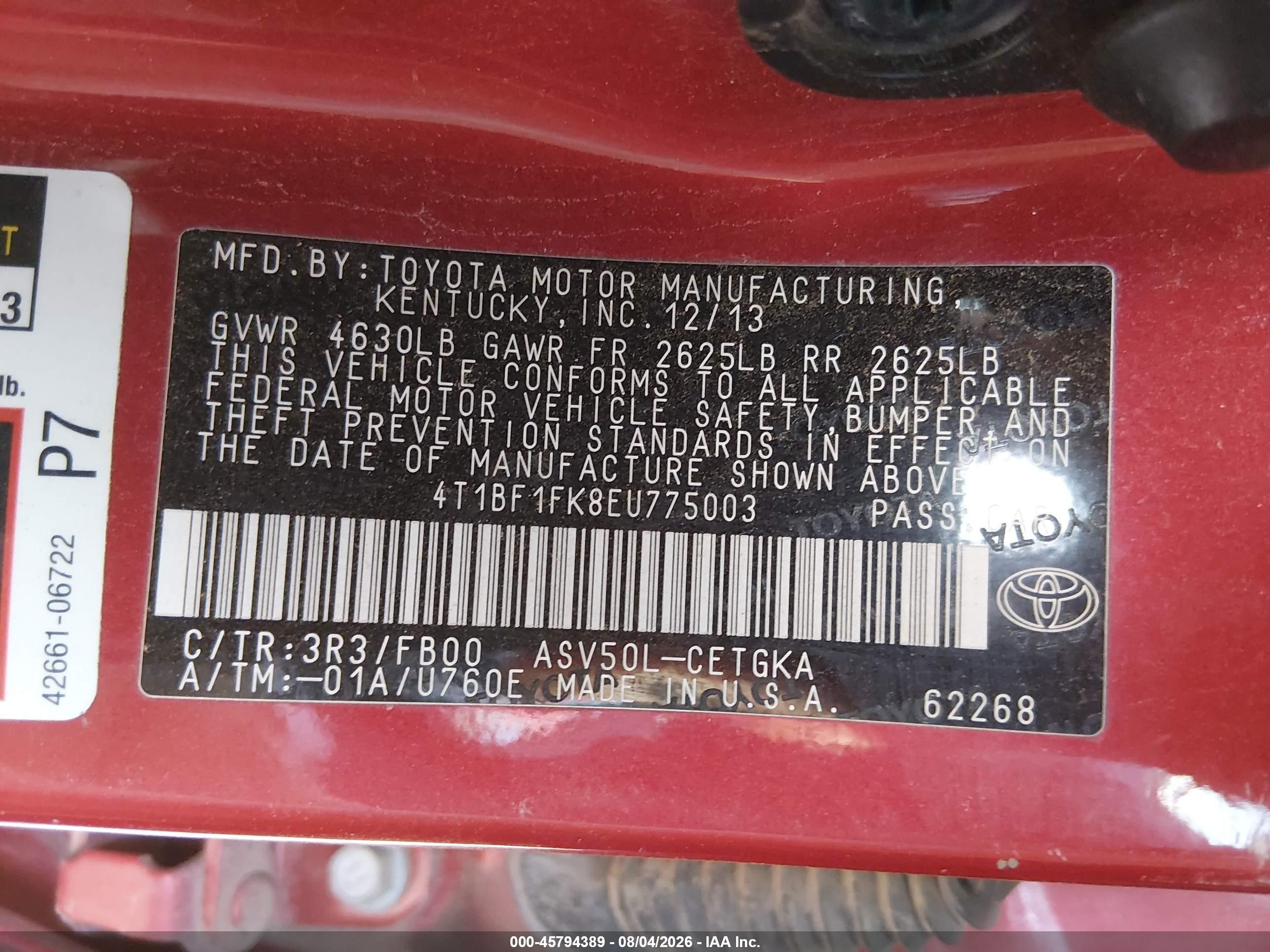 2014 Toyota Camry Xle Red vin: 4T1BF1FK8EU775003