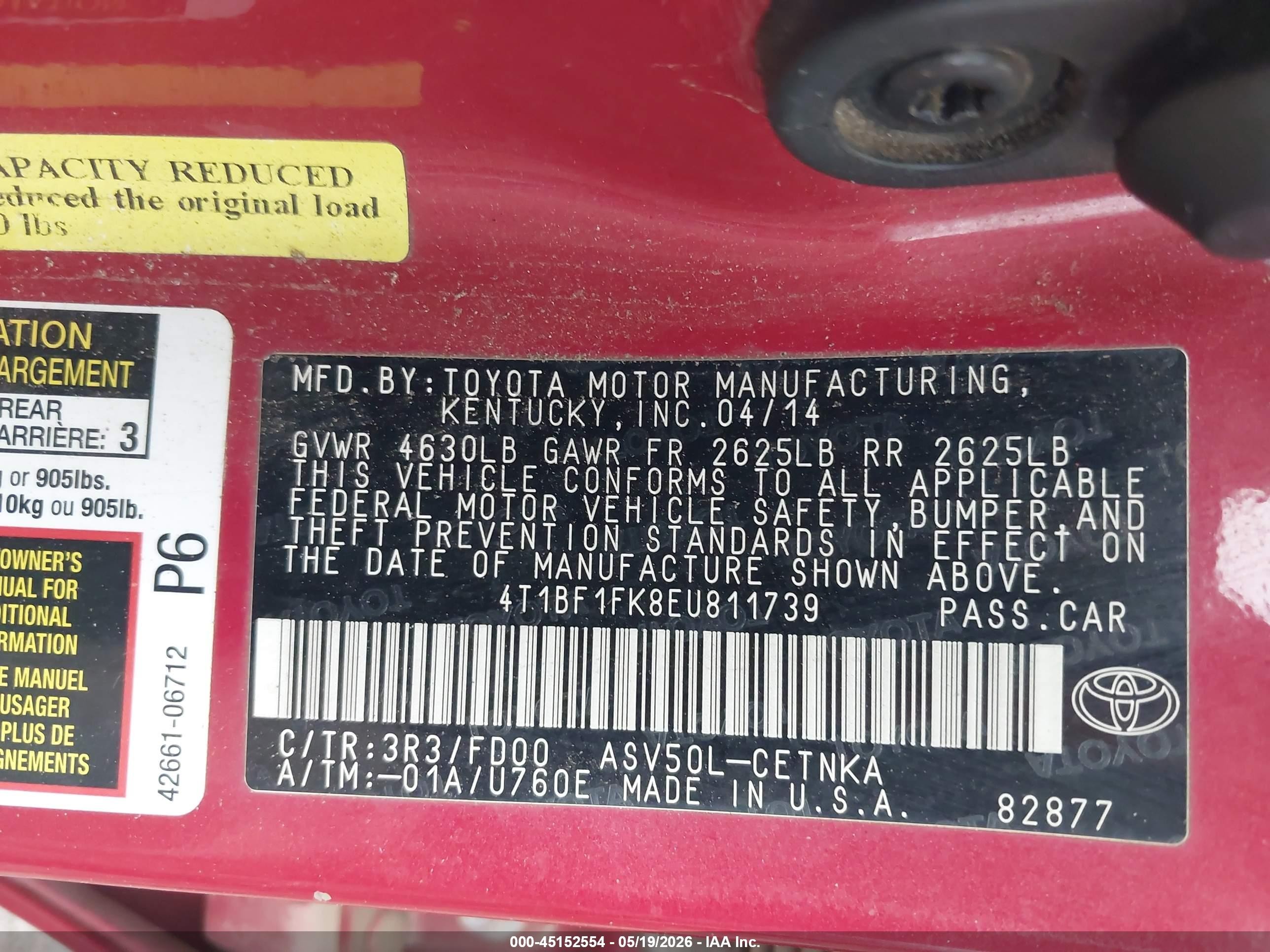 2014 Toyota Camry Le Red vin: 4T1BF1FK8EU811739
