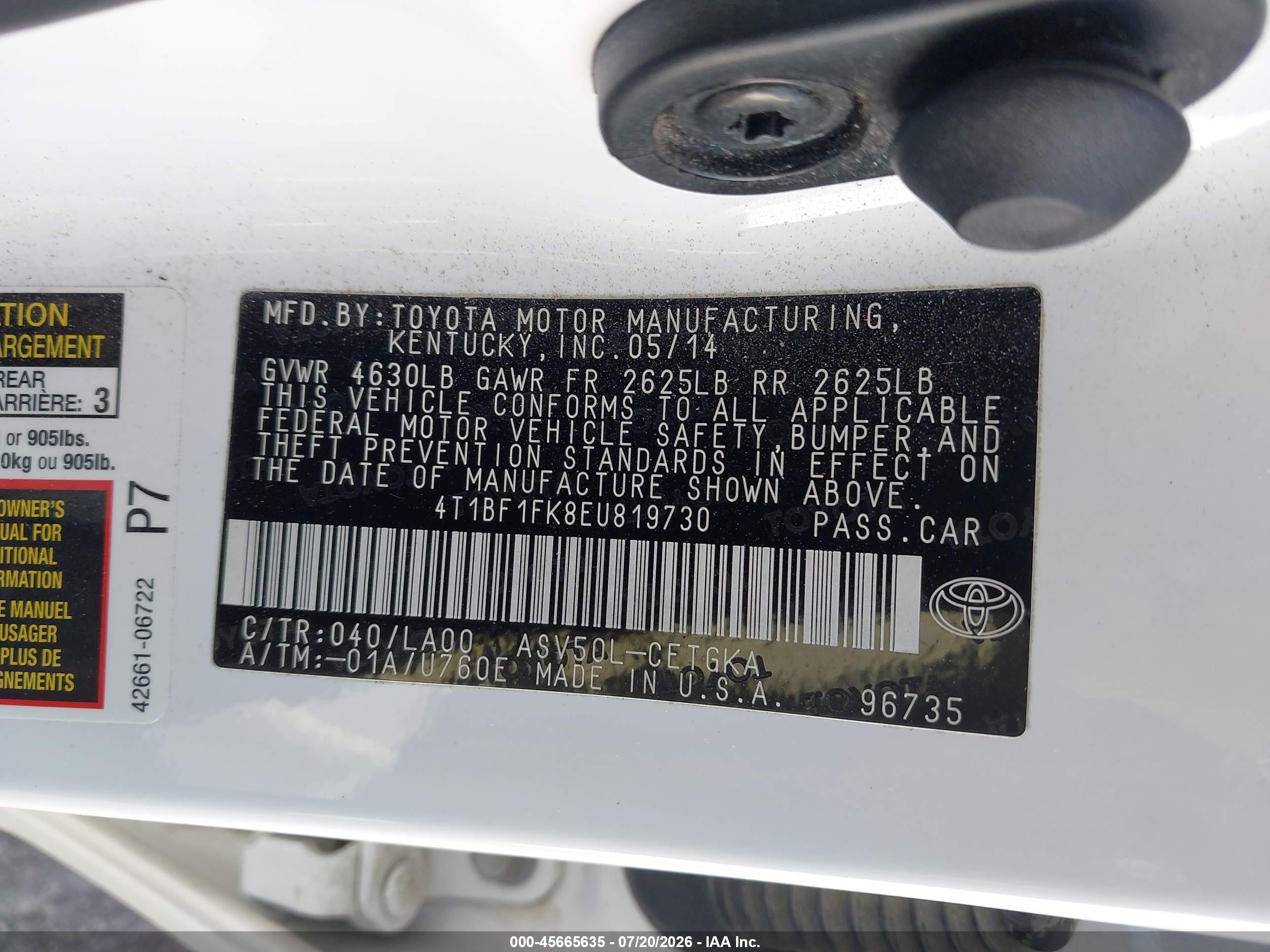 2014 Toyota Camry Xle Белый vin: 4T1BF1FK8EU819730