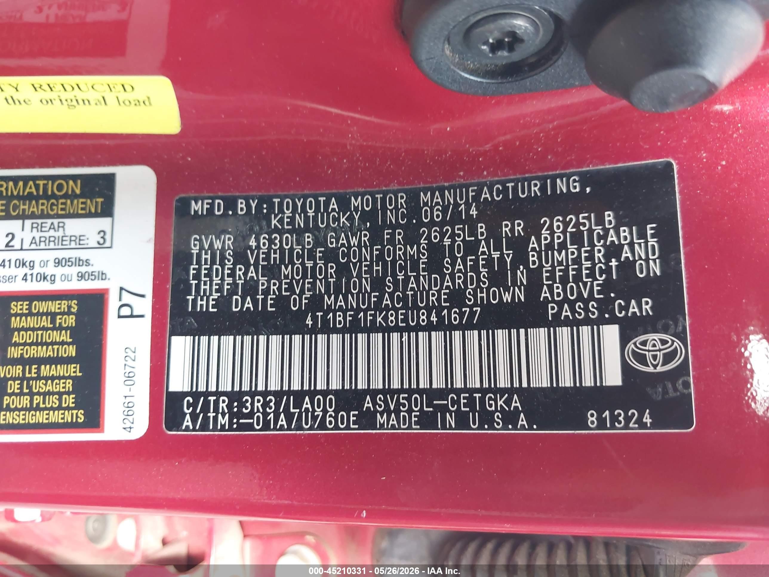 2014 Toyota Camry Xle Red vin: 4T1BF1FK8EU841677
