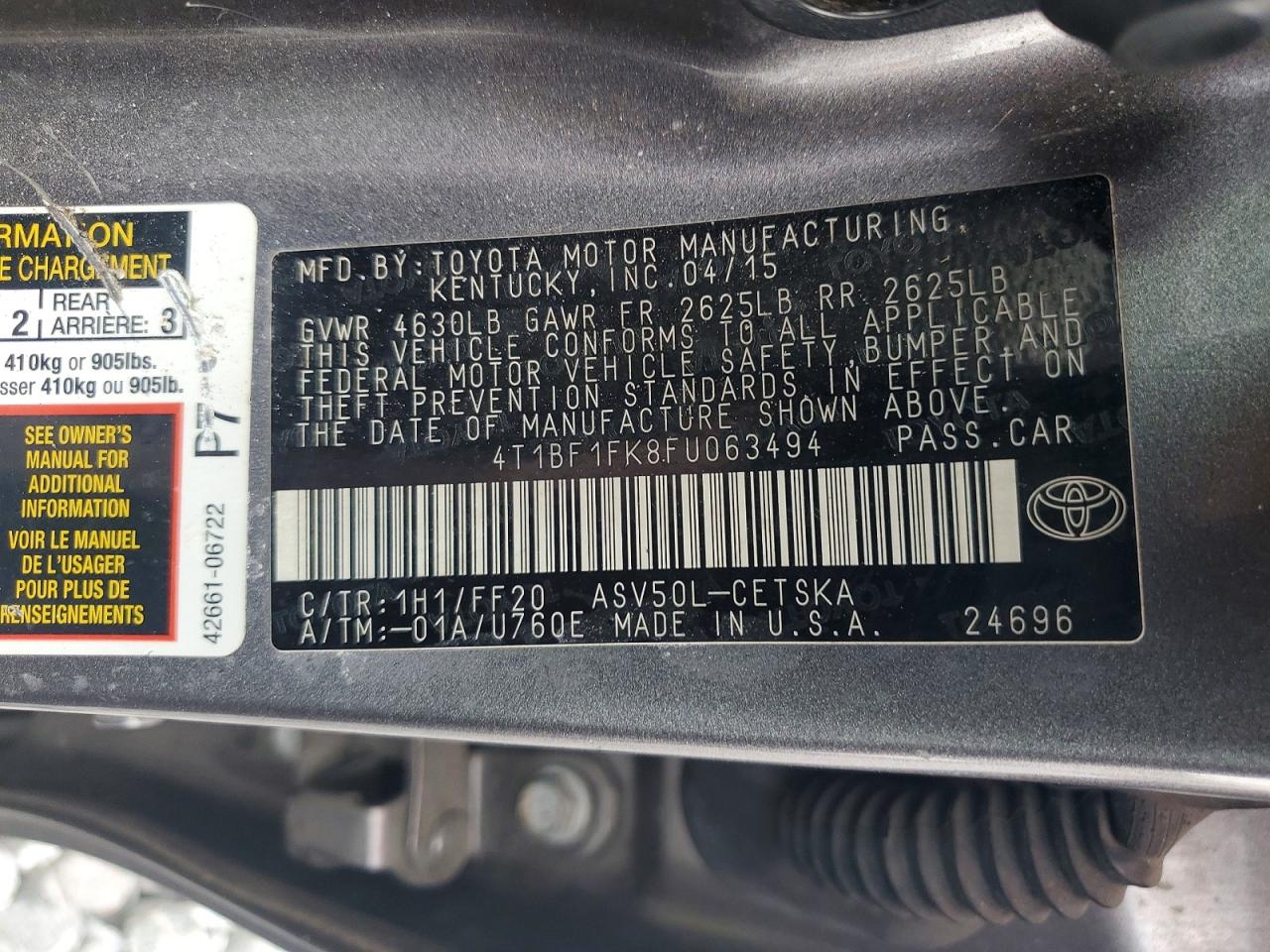 2015 Toyota Camry Le Gray vin: 4T1BF1FK8FU063494