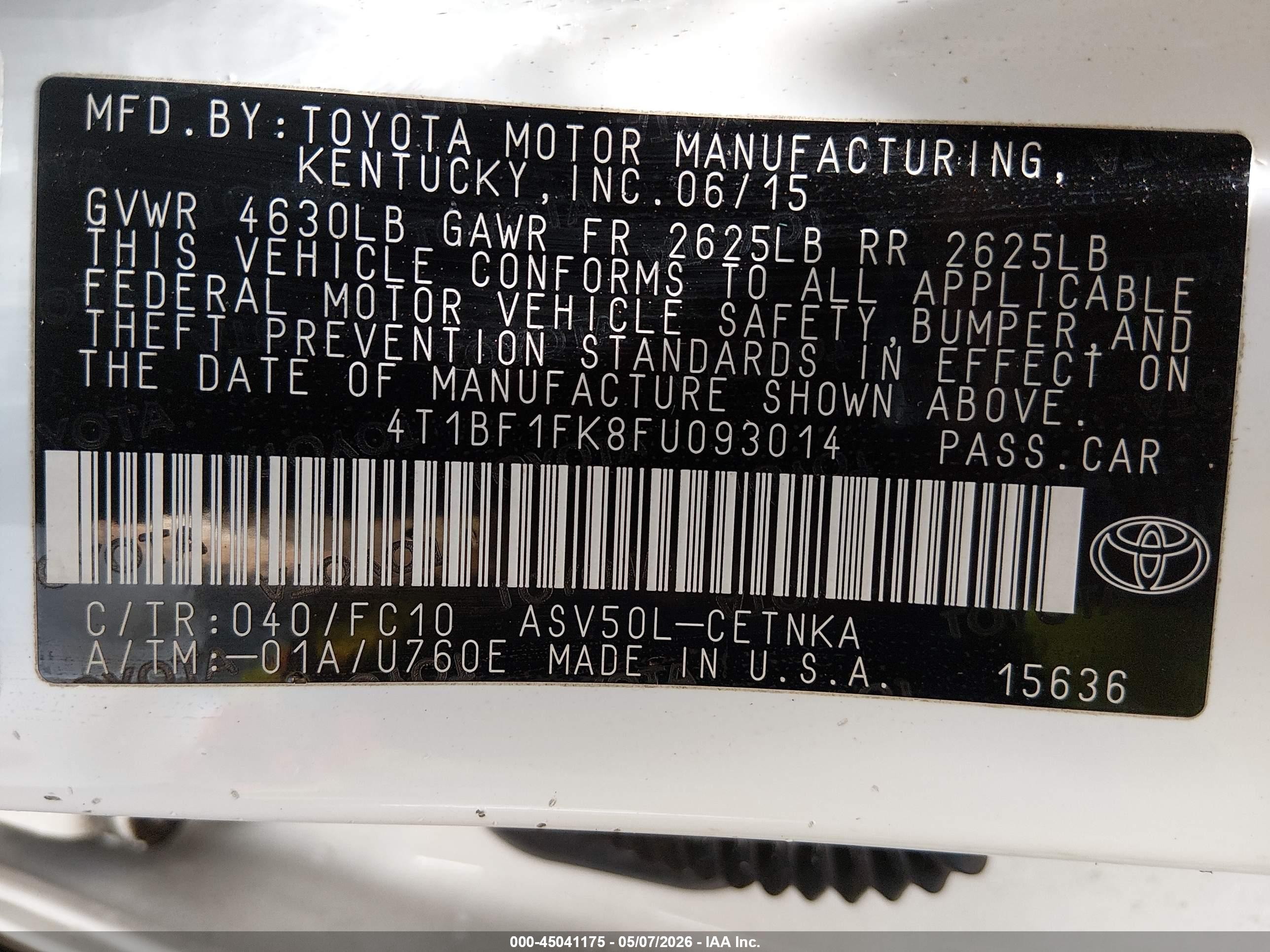 2015 Toyota Camry Le White vin: 4T1BF1FK8FU093014