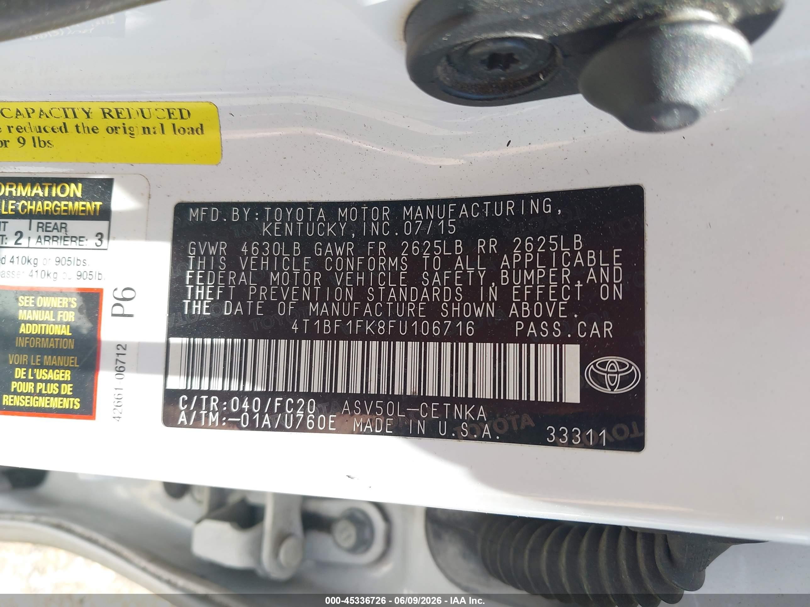 2015 Toyota Camry Le White vin: 4T1BF1FK8FU106716
