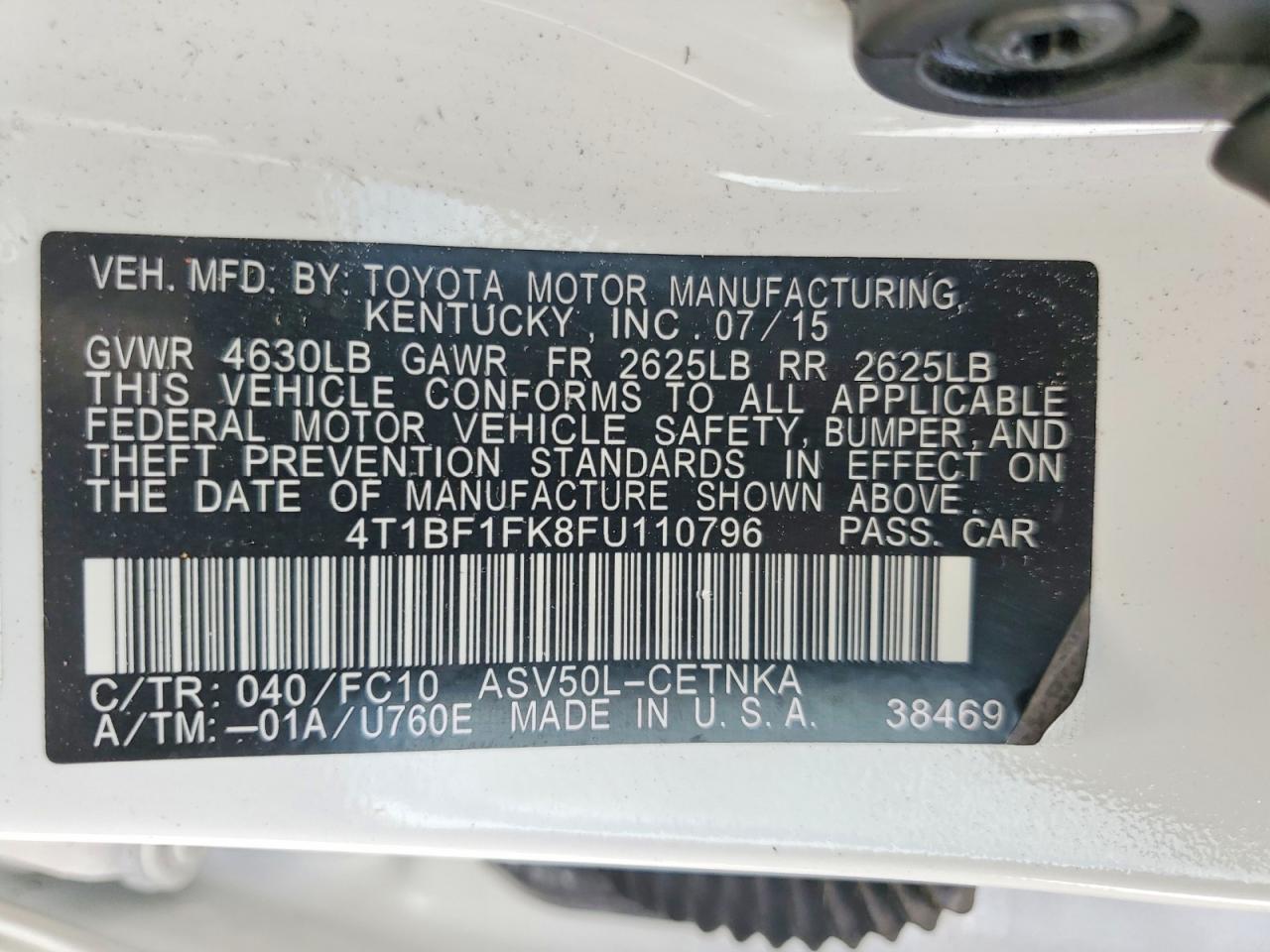 2015 Toyota Camry Le Белый vin: 4T1BF1FK8FU110796