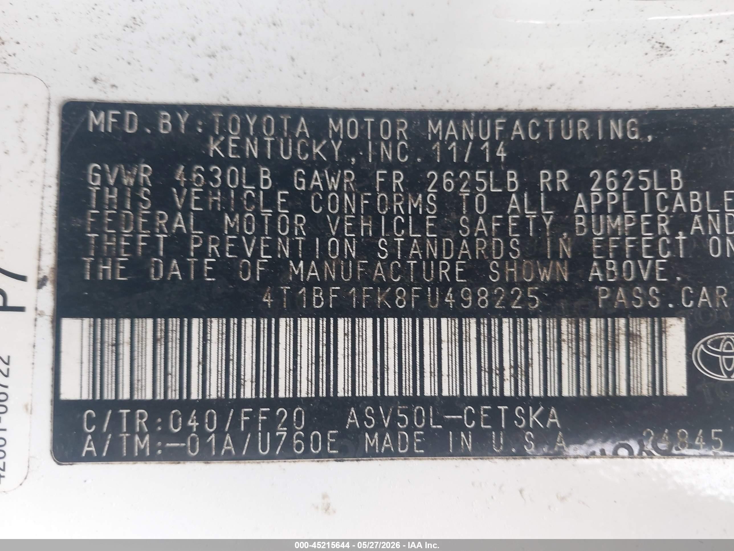 2015 Toyota Camry Se White vin: 4T1BF1FK8FU498225