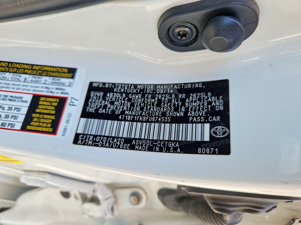 2015 Toyota Camry Xle White vin: 4T1BF1FK8FU874535
