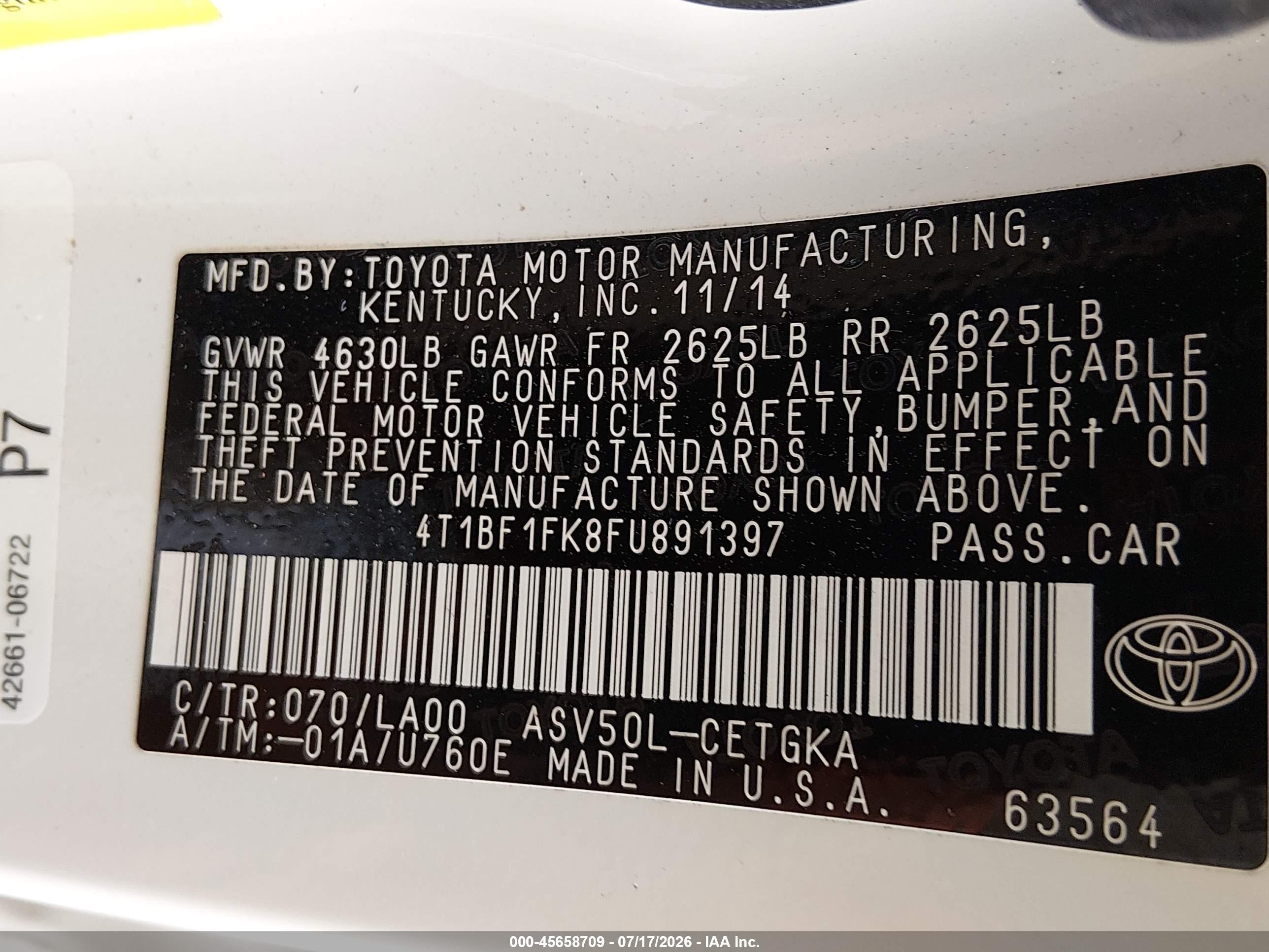 2015 Toyota Camry Xle Белый vin: 4T1BF1FK8FU891397