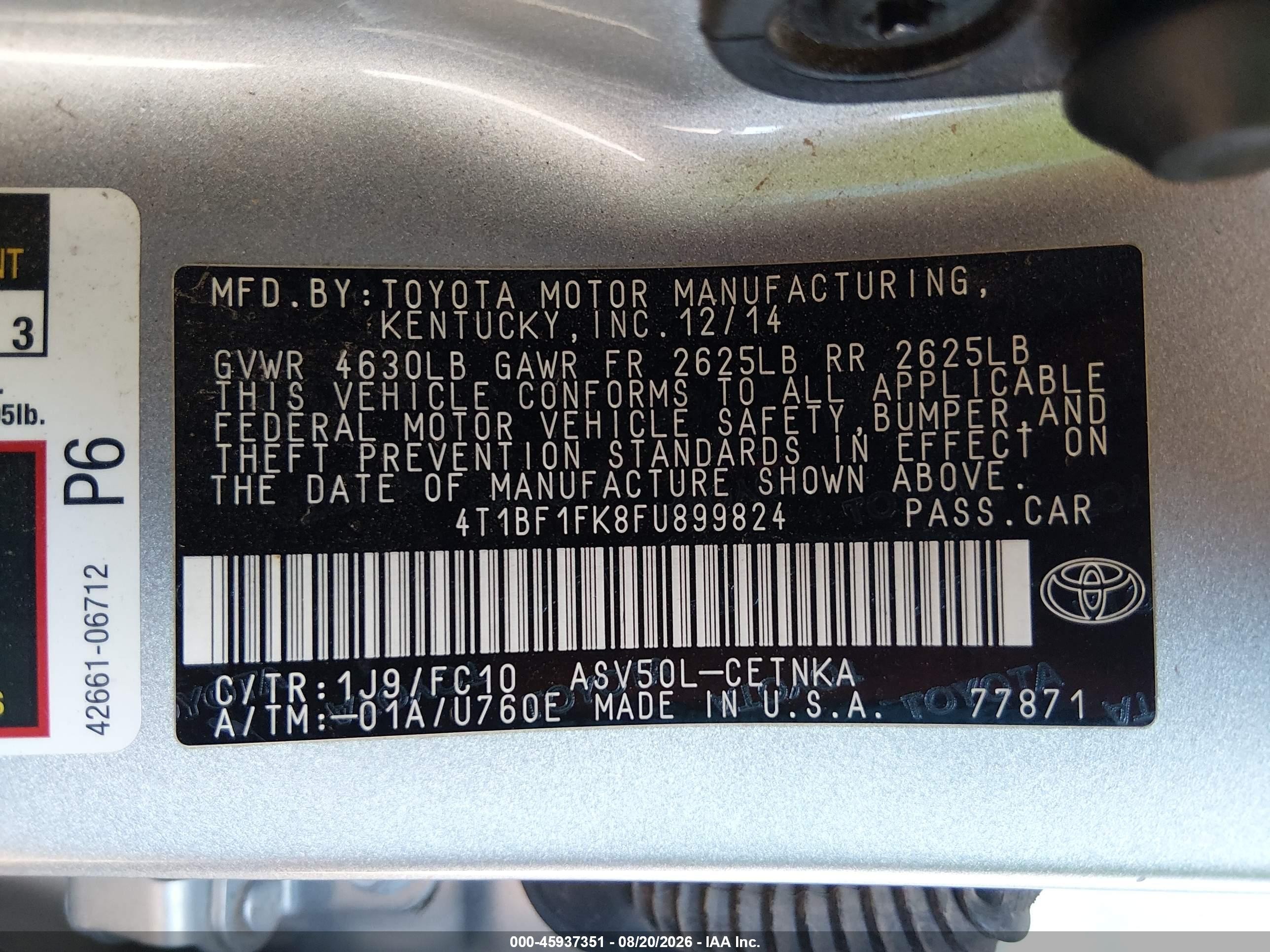 2015 Toyota Camry Le Silver vin: 4T1BF1FK8FU899824