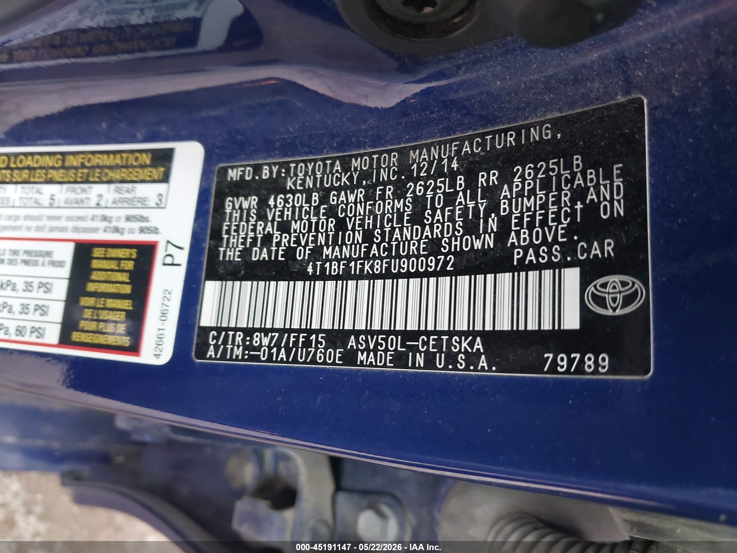 2015 Toyota Camry Se Blue vin: 4T1BF1FK8FU900972