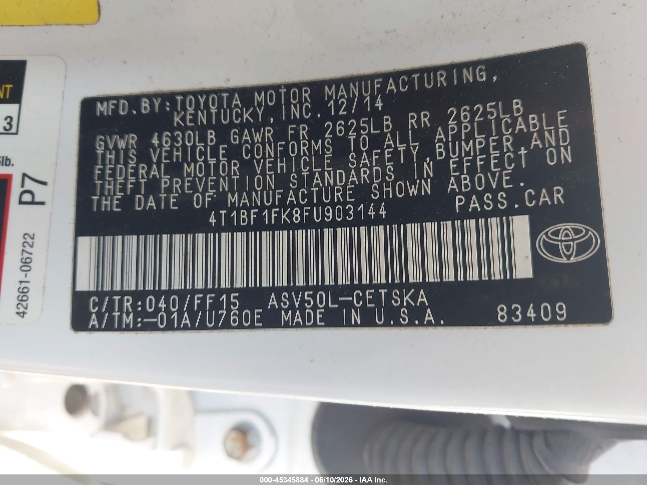 2015 Toyota Camry Se White vin: 4T1BF1FK8FU903144