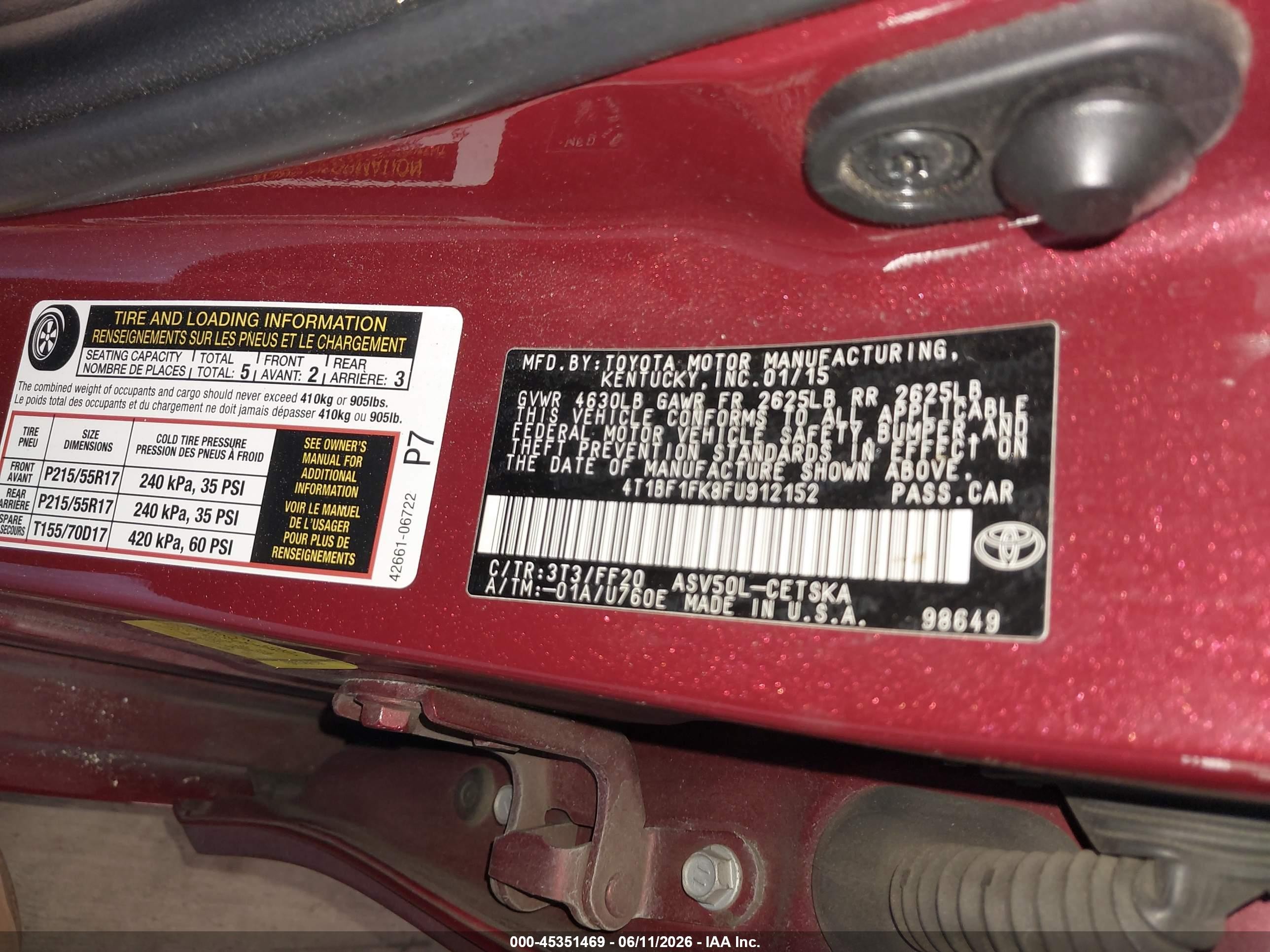 2015 Toyota Camry Se Red vin: 4T1BF1FK8FU912152