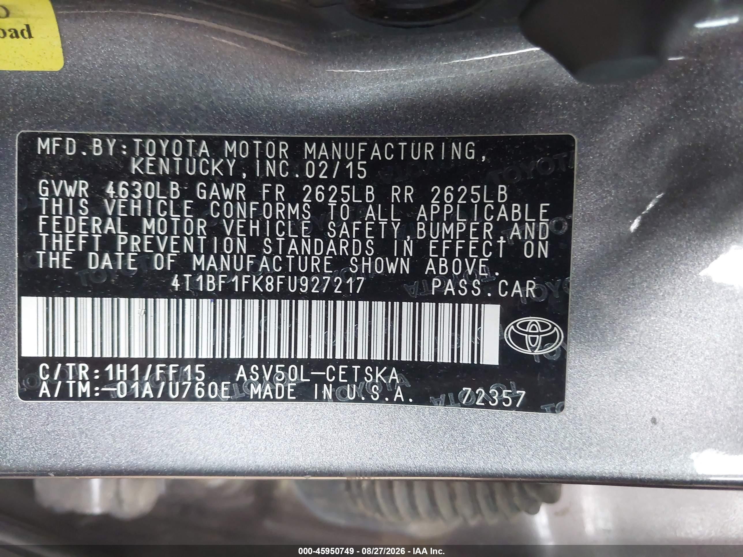 2015 Toyota Camry Se Champagne vin: 4T1BF1FK8FU927217