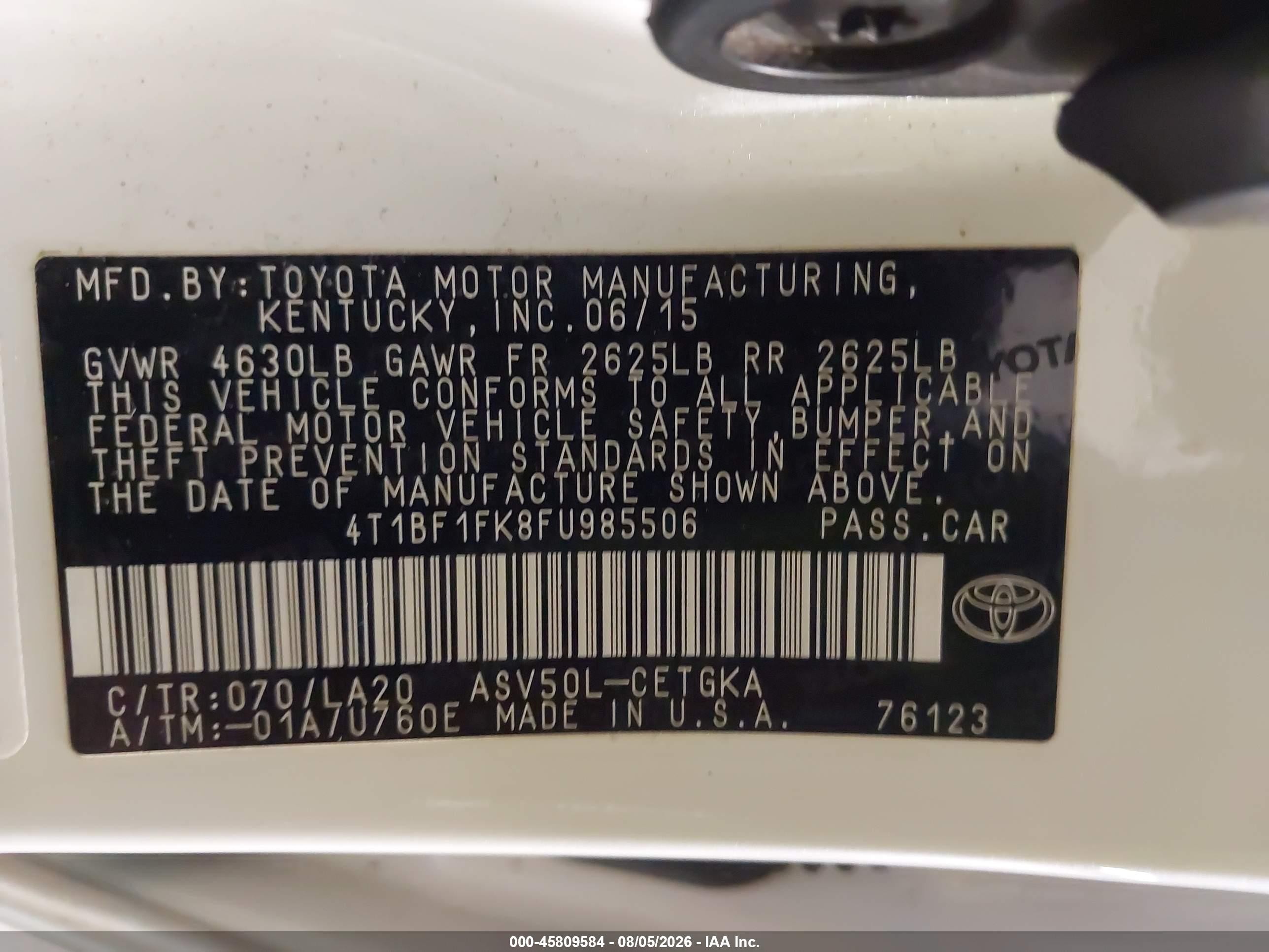 2015 Toyota Camry Xle Белый vin: 4T1BF1FK8FU985506
