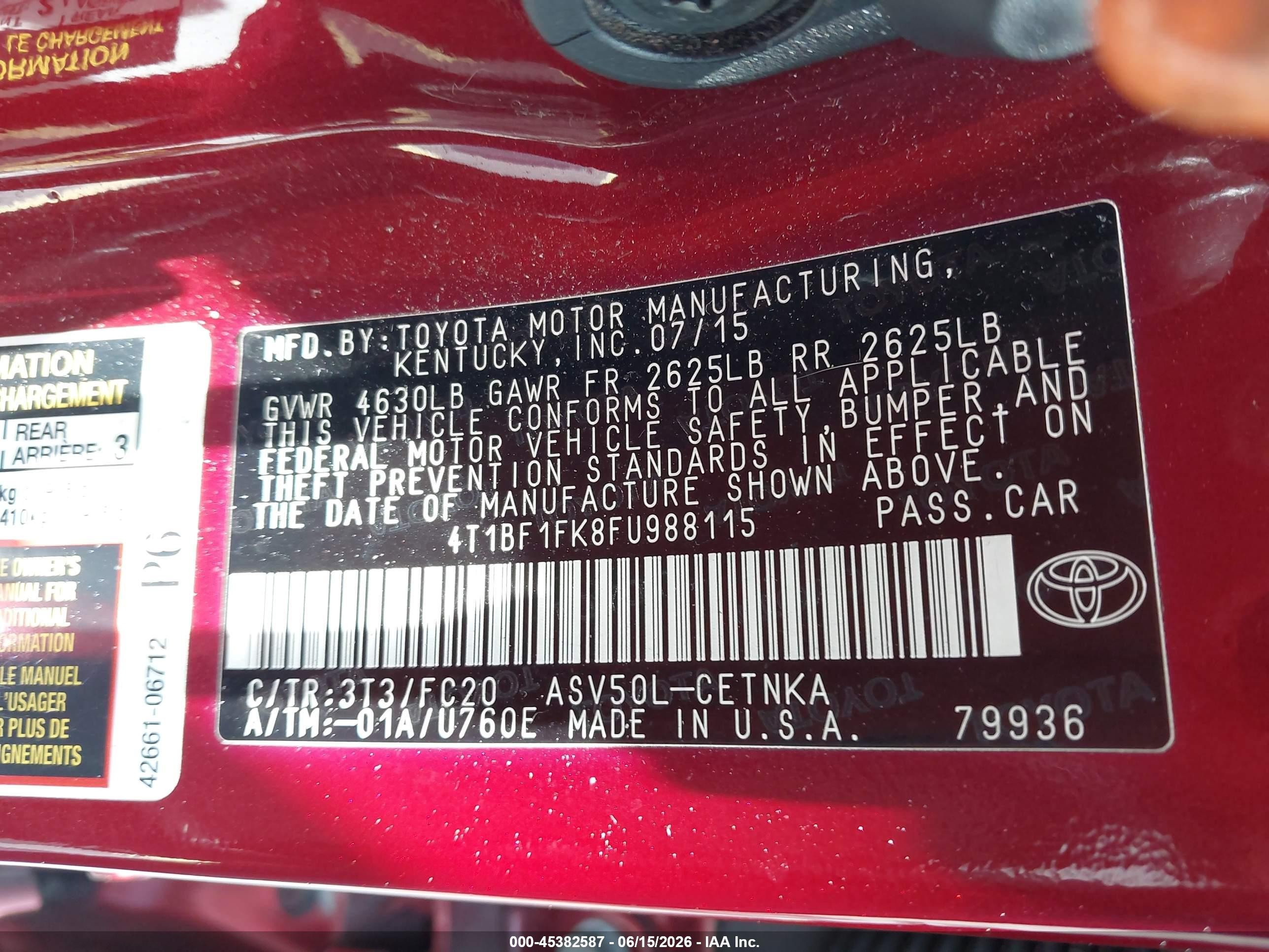 2015 Toyota Camry Le Red vin: 4T1BF1FK8FU988115