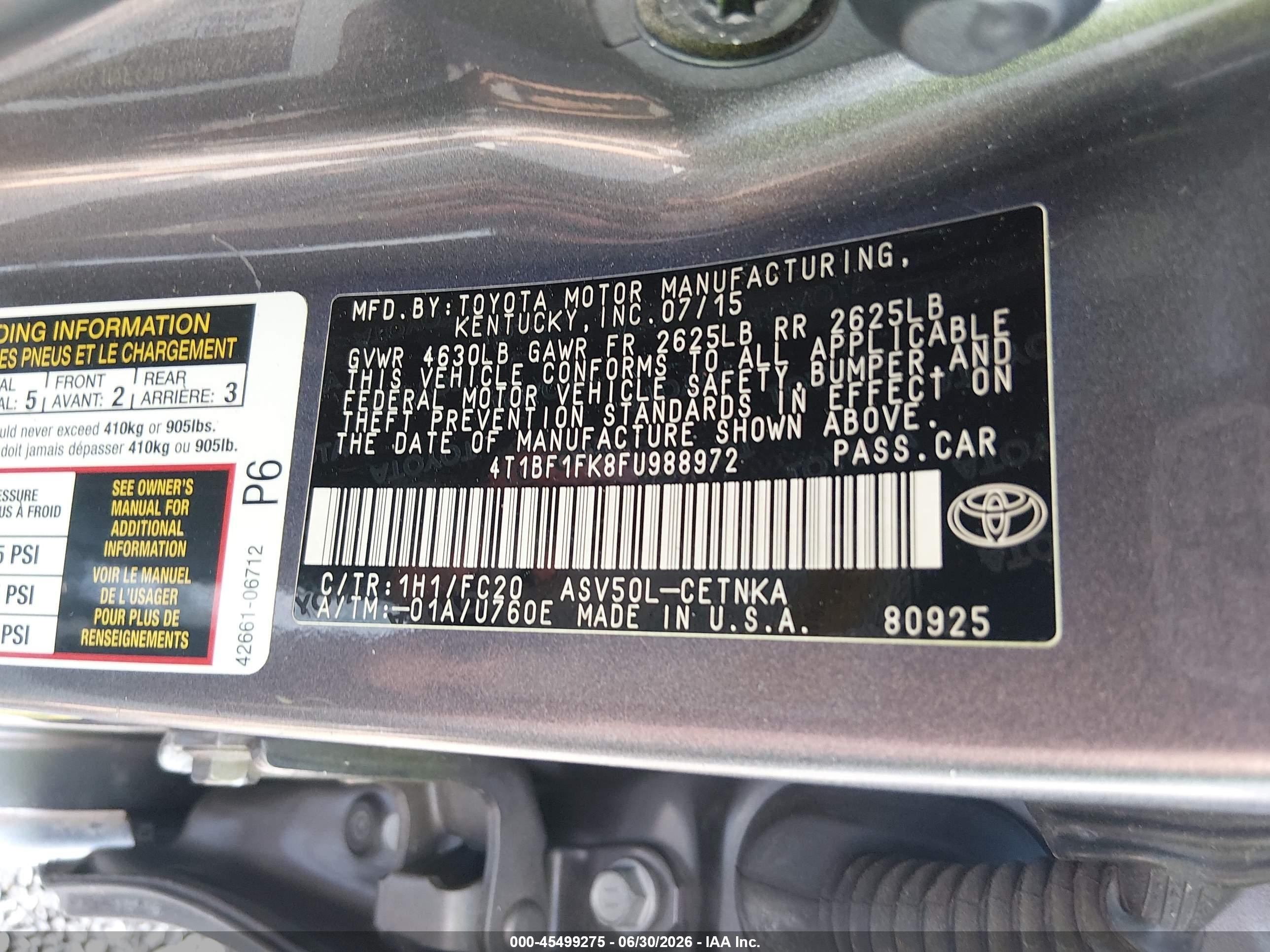 2015 Toyota Camry Le Gray vin: 4T1BF1FK8FU988972