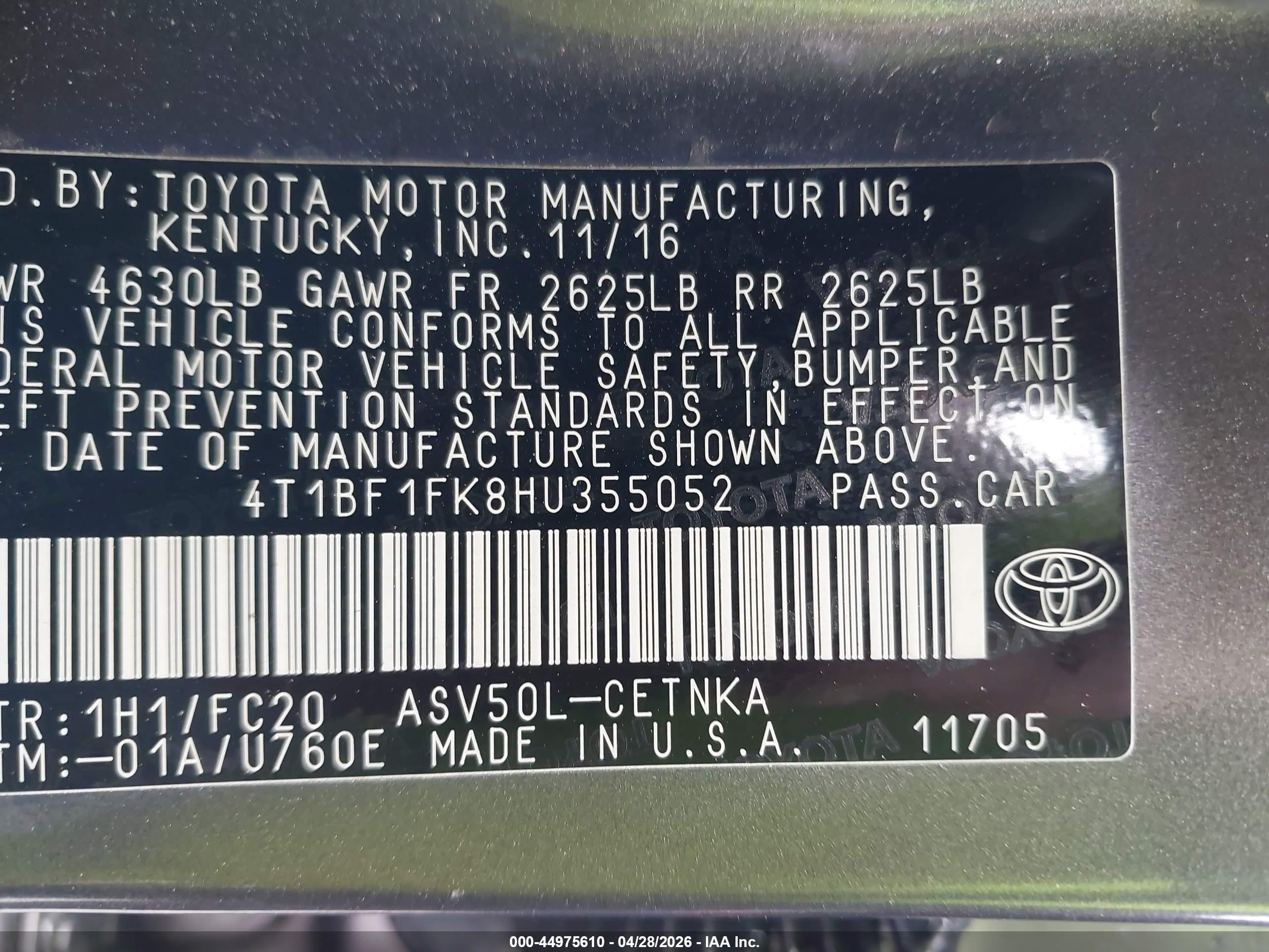 2017 Toyota Camry Le Серый vin: 4T1BF1FK8HU355052