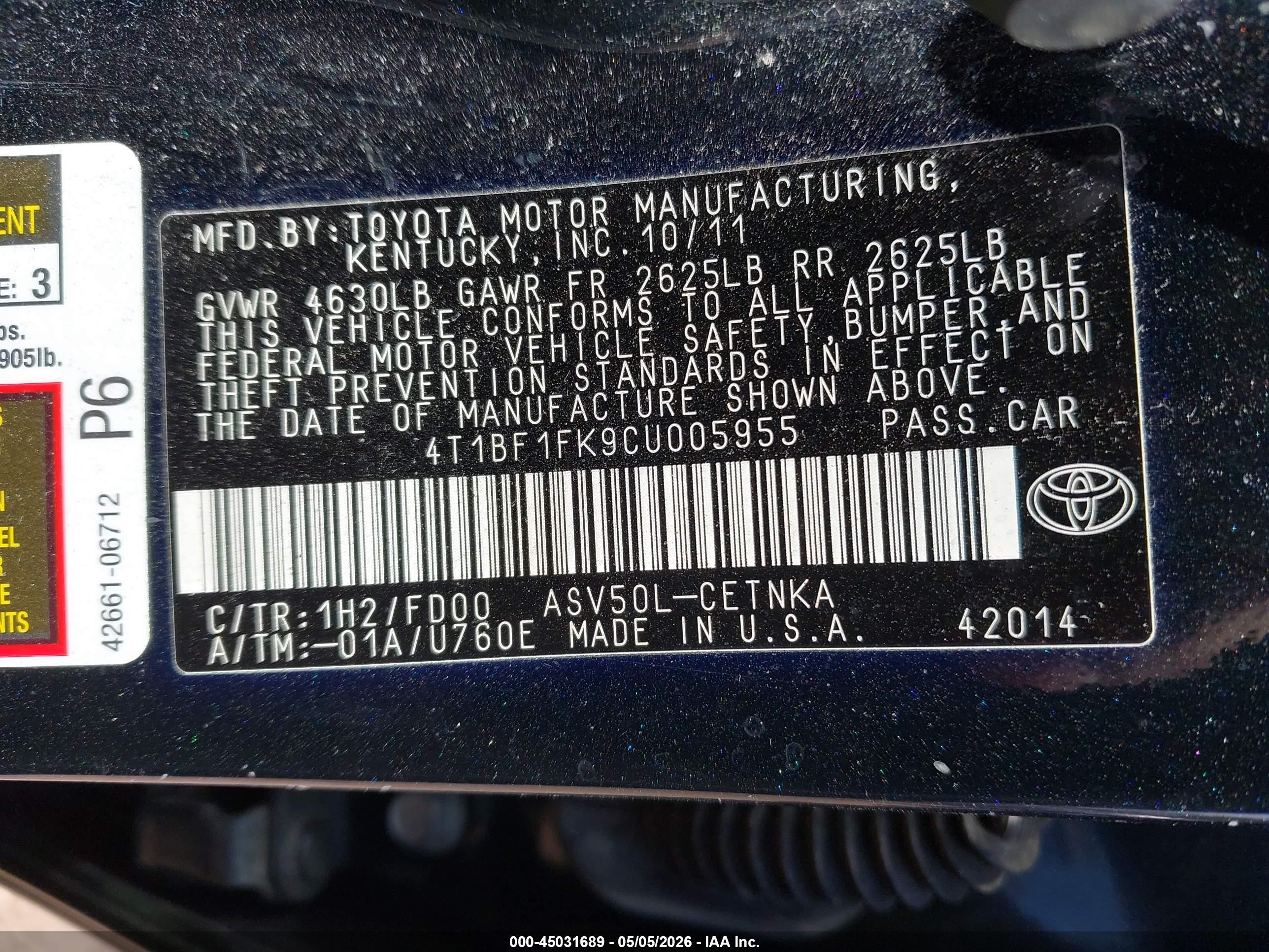 2012 Toyota Camry Le Black vin: 4T1BF1FK9CU005955