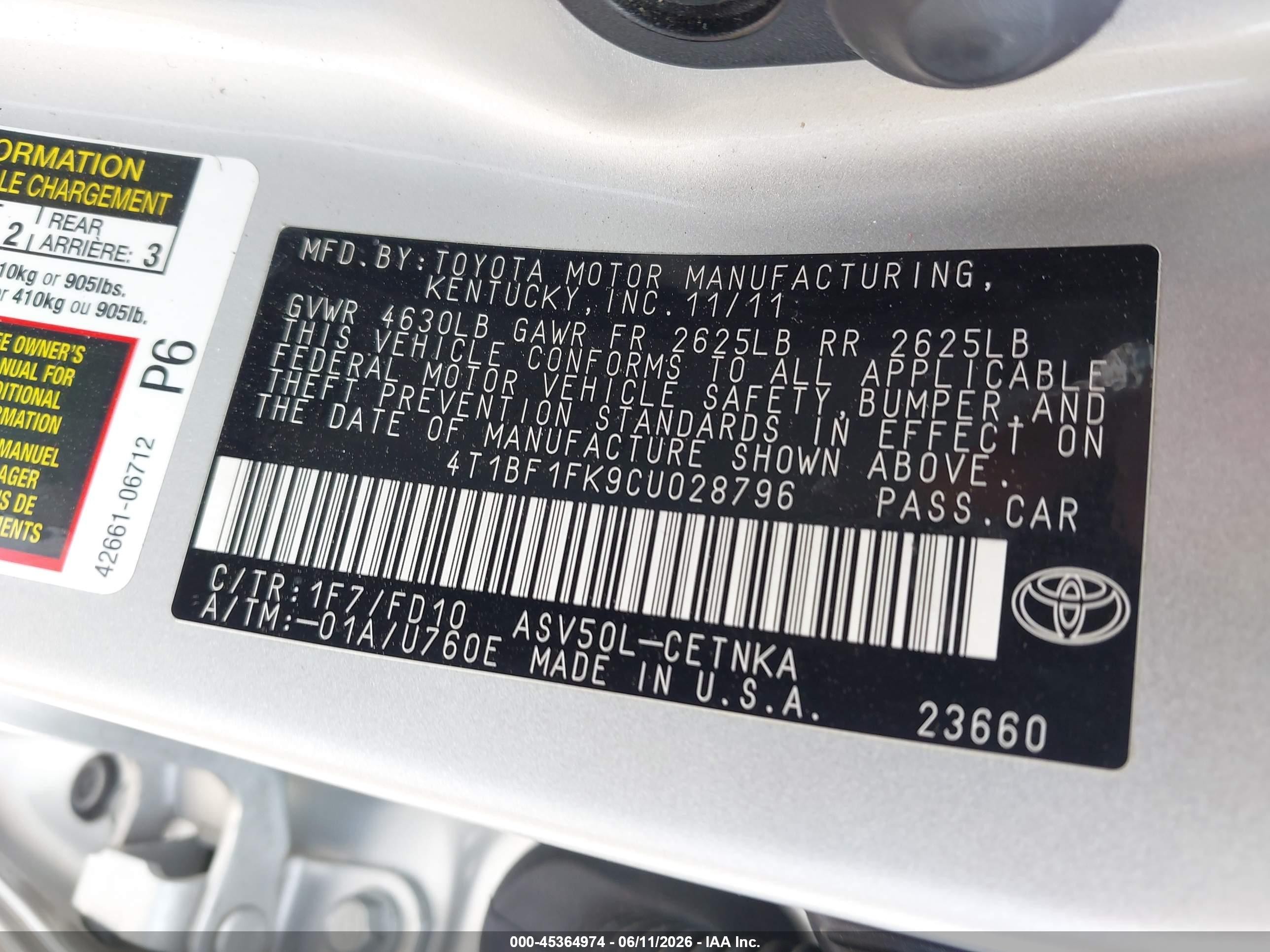 2012 Toyota Camry Le Серебряный vin: 4T1BF1FK9CU028796