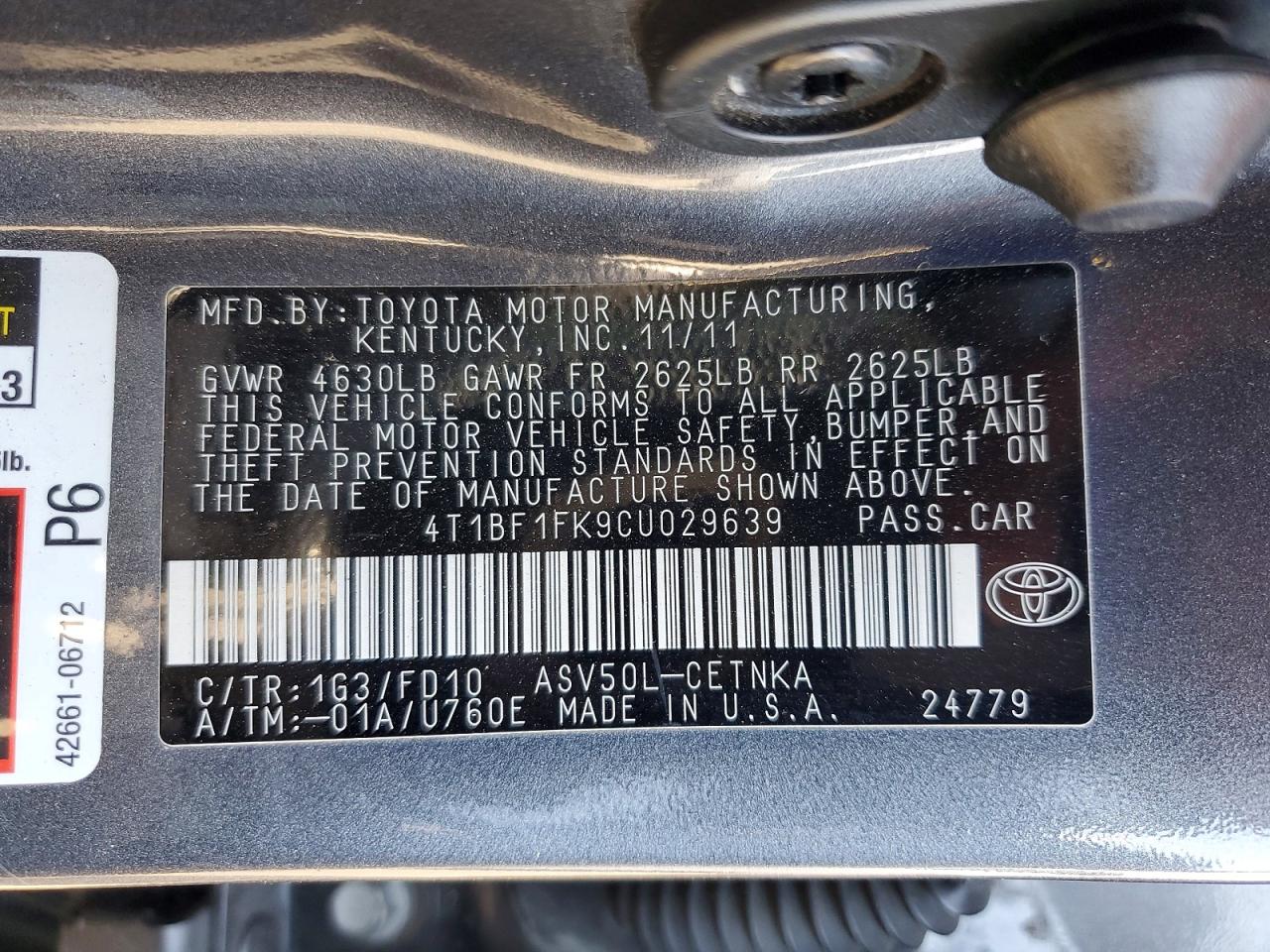 2012 Toyota Camry Le Gray vin: 4T1BF1FK9CU029639