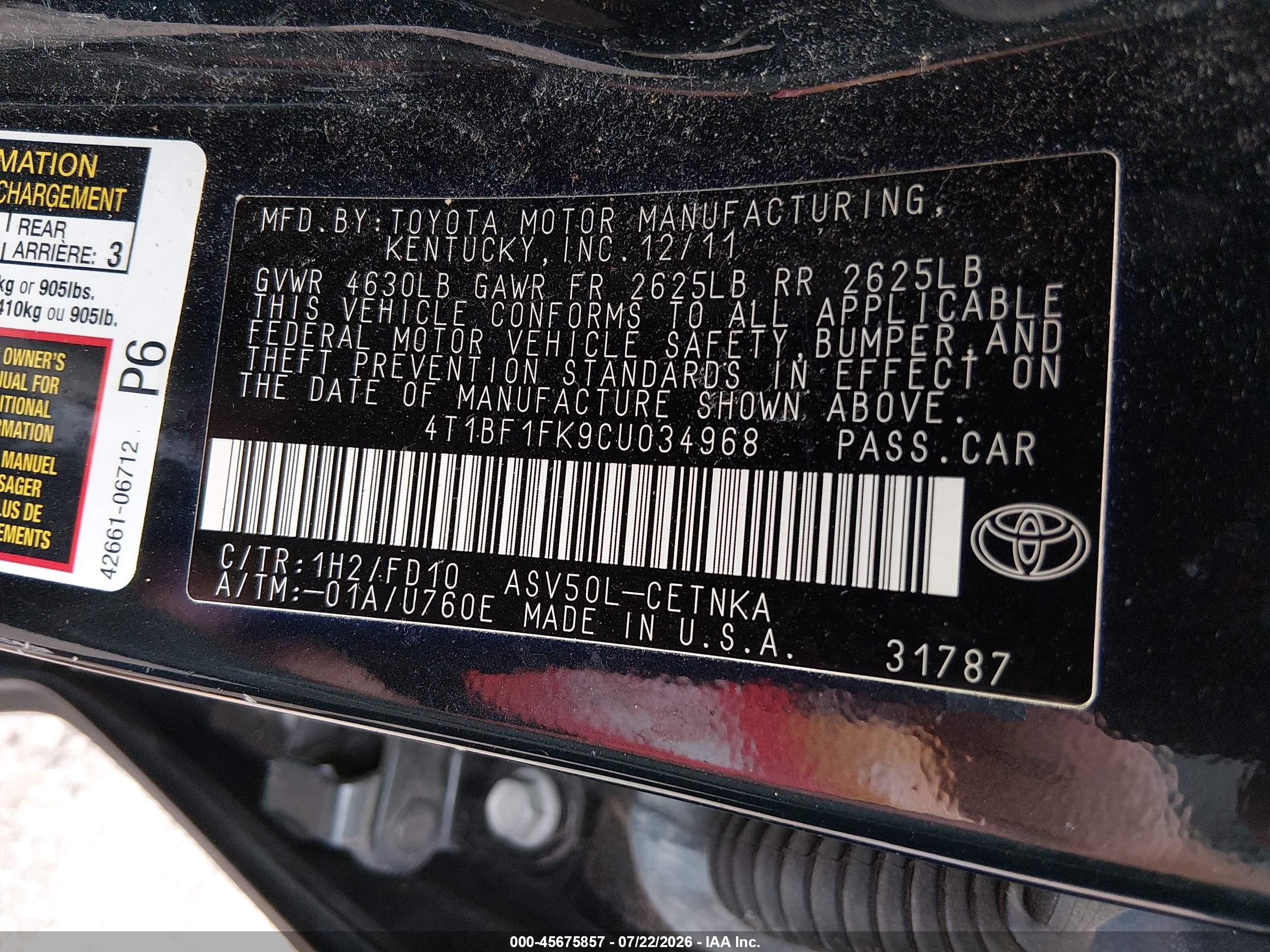 2012 Toyota Camry Le Black vin: 4T1BF1FK9CU034968