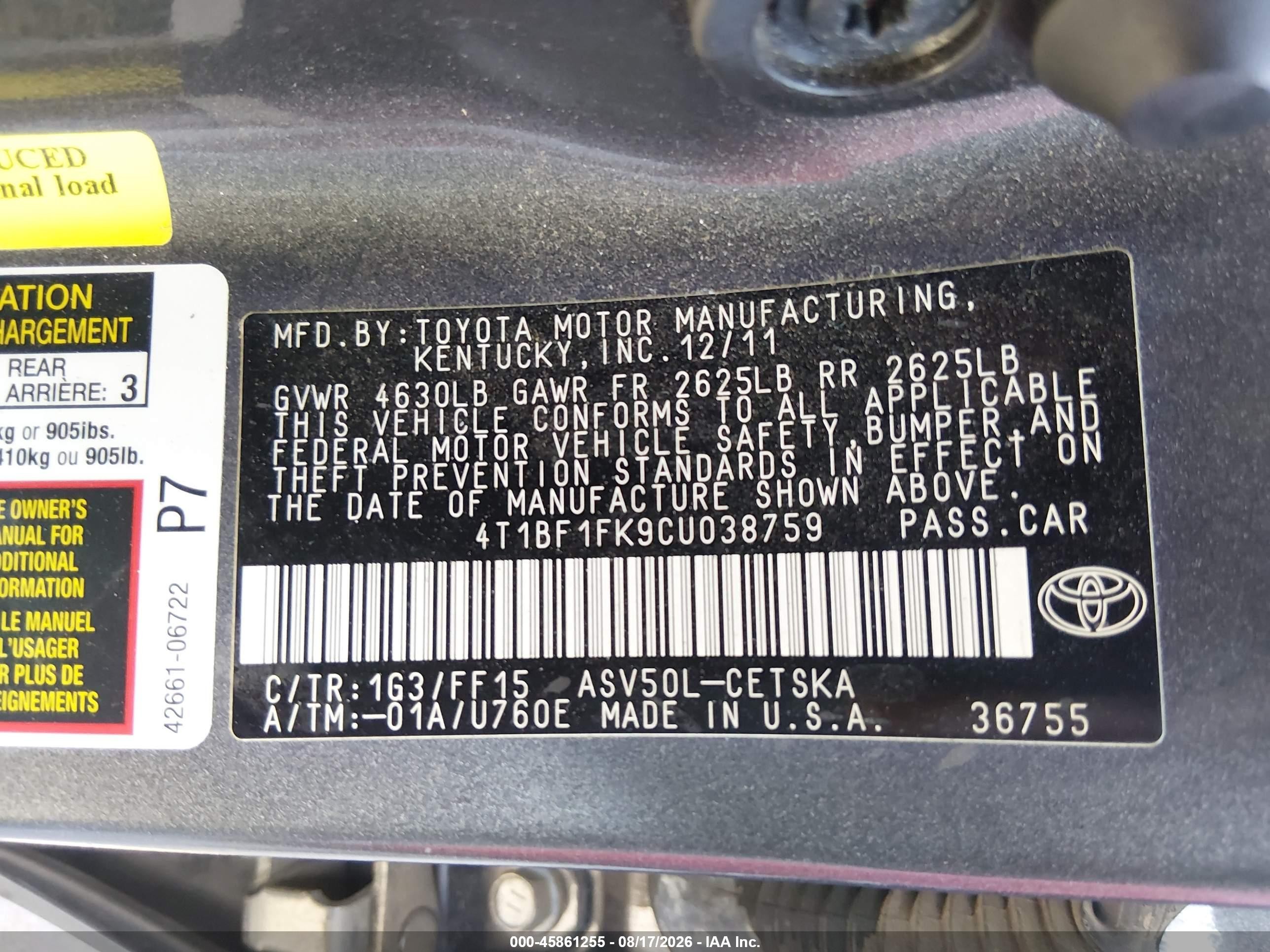 2012 Toyota Camry Se Gray vin: 4T1BF1FK9CU038759