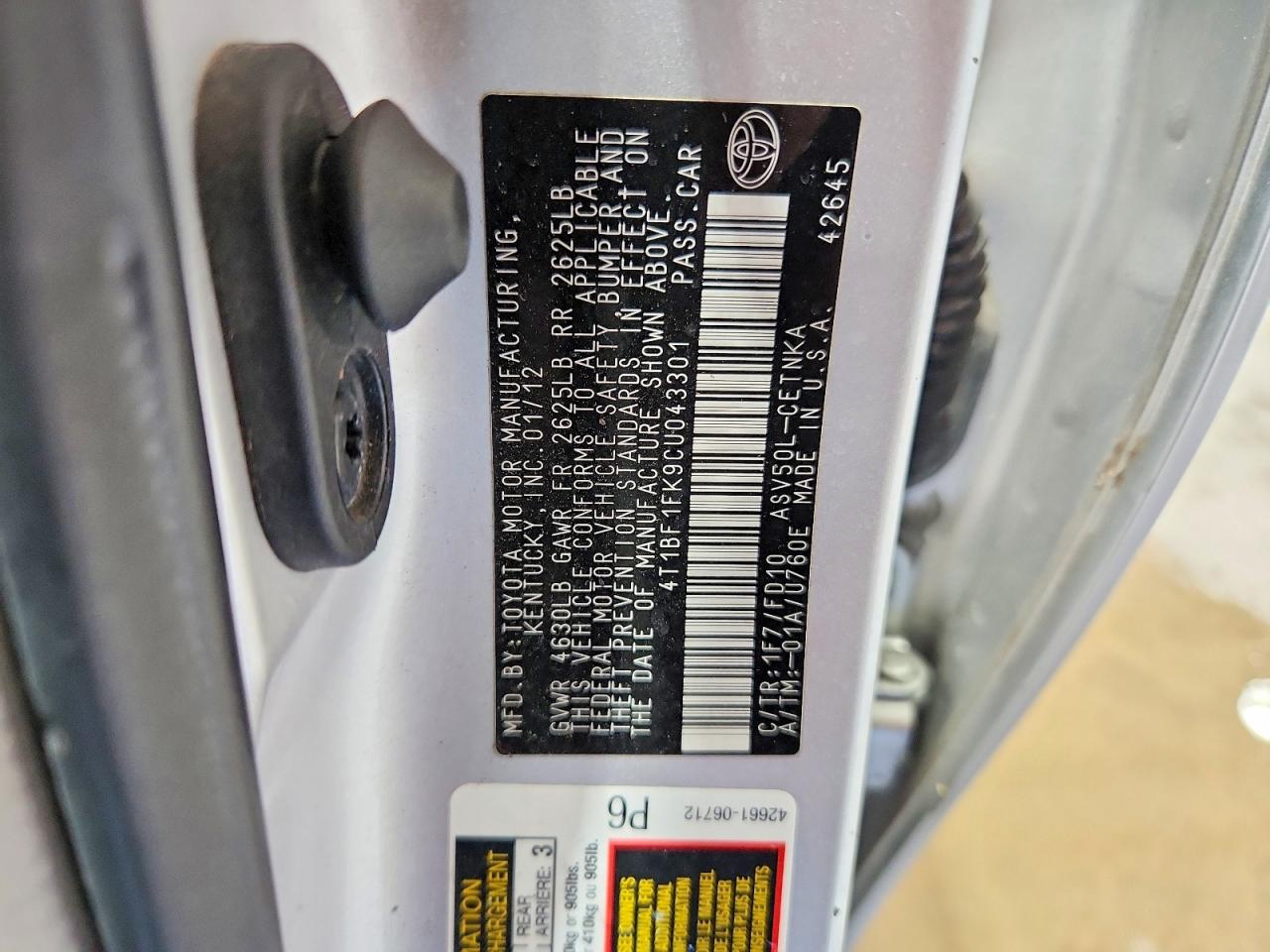 2012 Toyota Camry Le Silver vin: 4T1BF1FK9CU043301