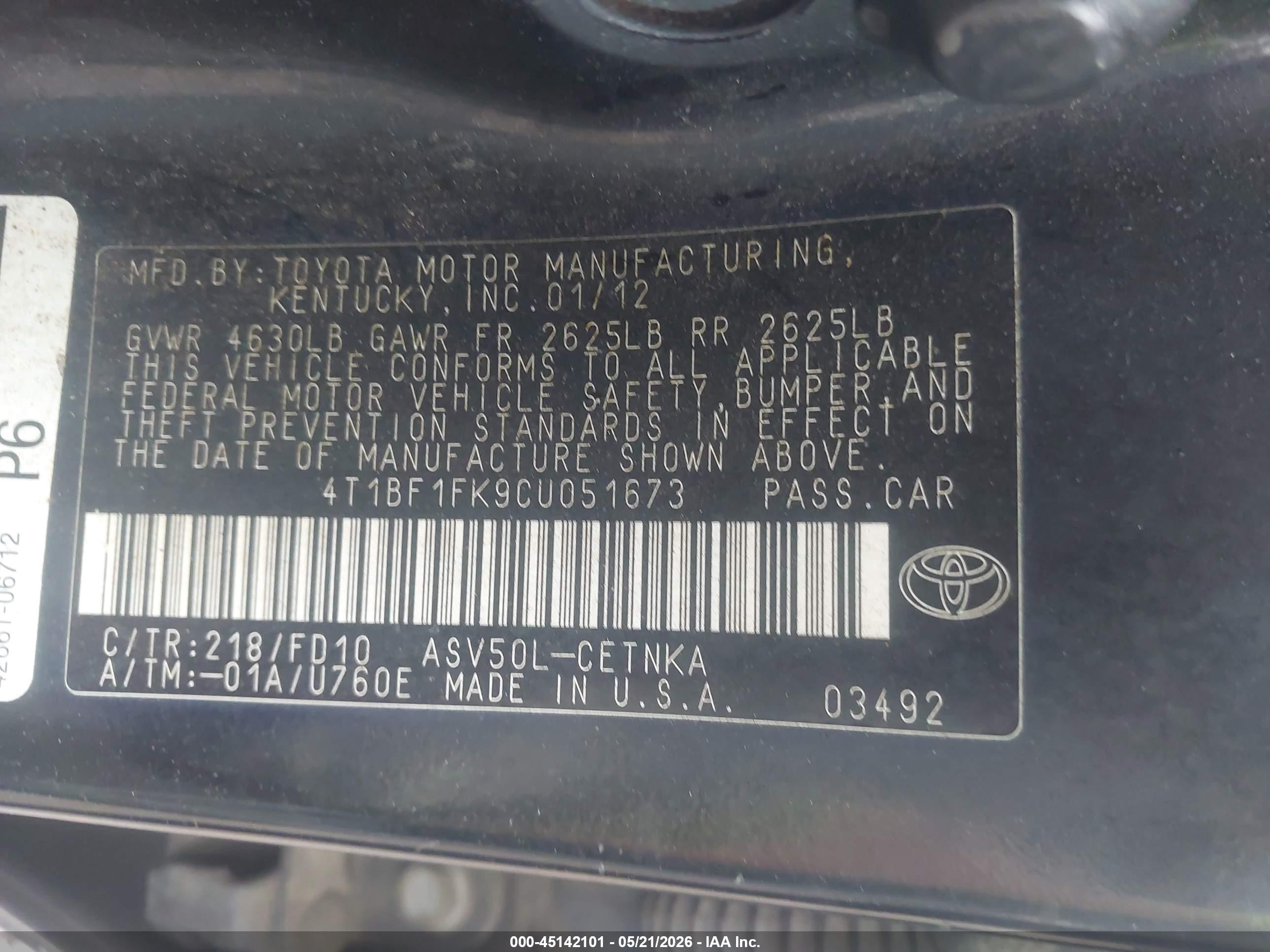 2012 Toyota Camry Le Black vin: 4T1BF1FK9CU051673