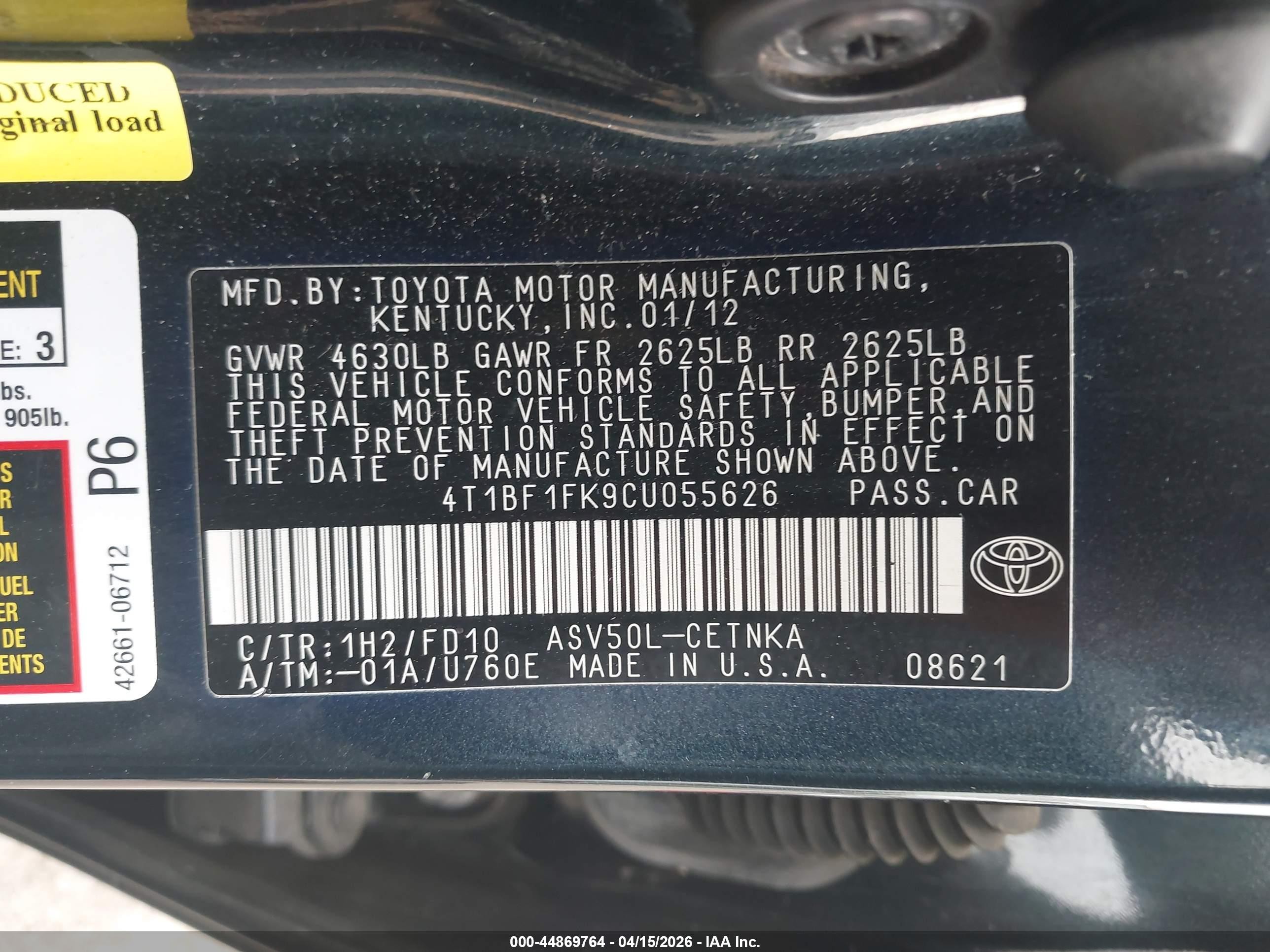 2012 Toyota Camry Le Black vin: 4T1BF1FK9CU055626