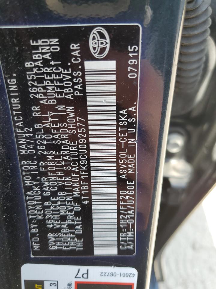 2012 Toyota Camry Base Black vin: 4T1BF1FK9CU092577