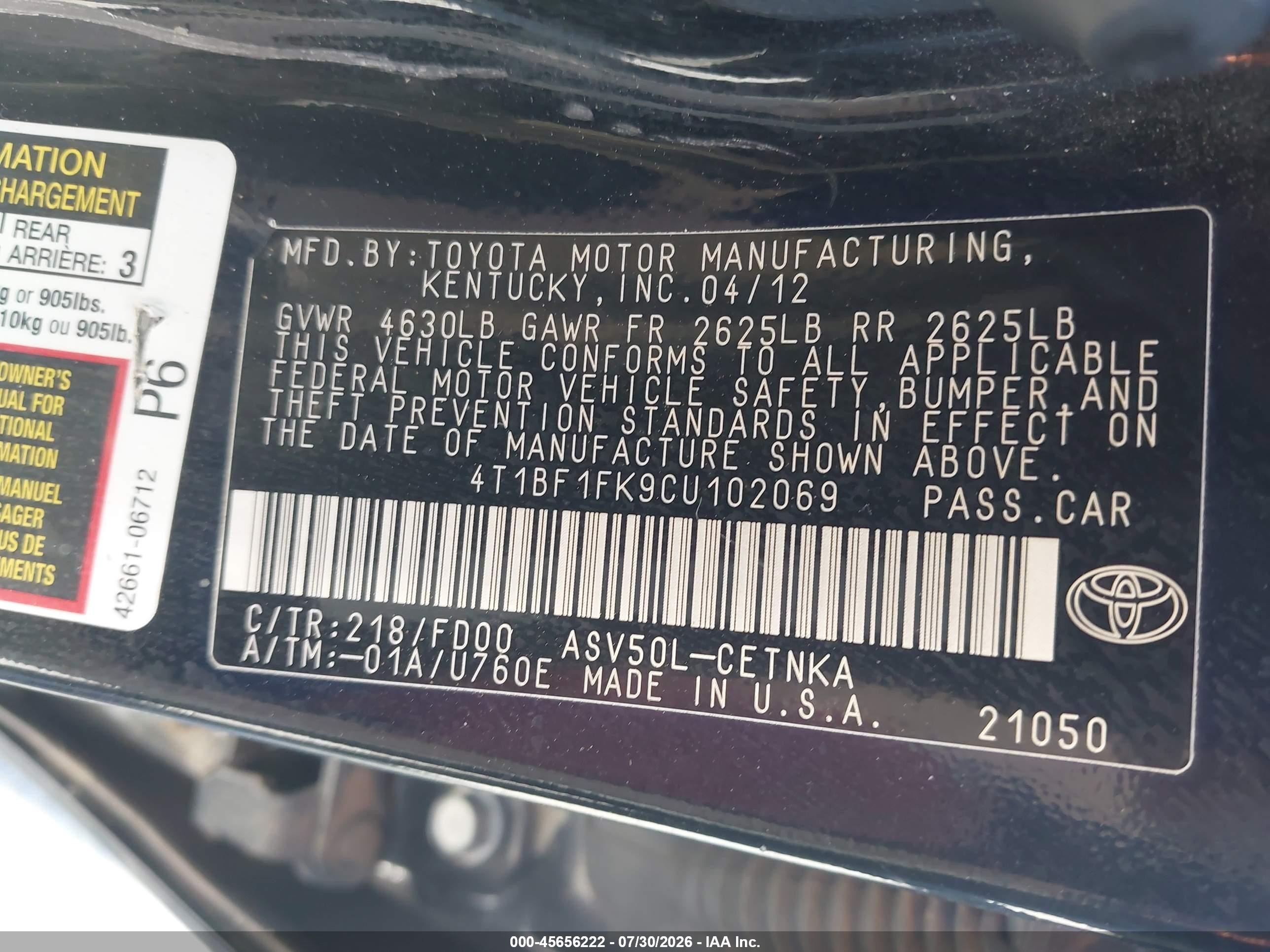 2012 Toyota Camry Le Black vin: 4T1BF1FK9CU102069