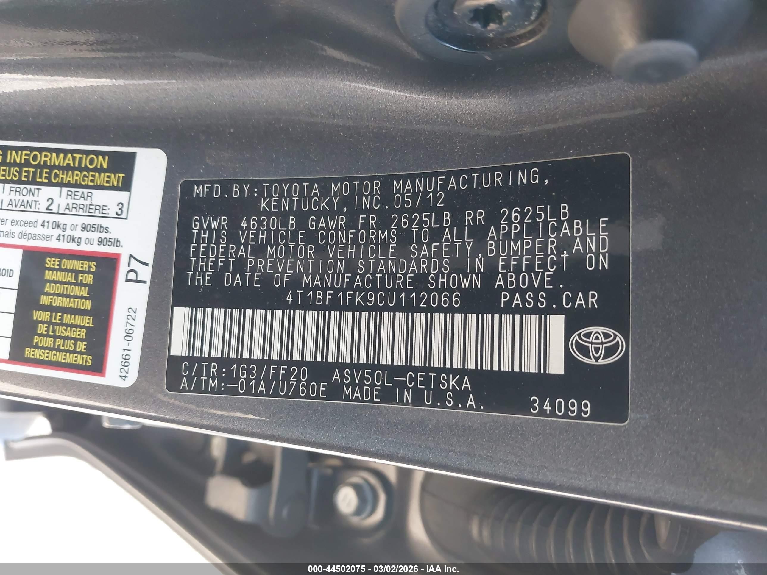 2012 Toyota Camry Se Gray vin: 4T1BF1FK9CU112066