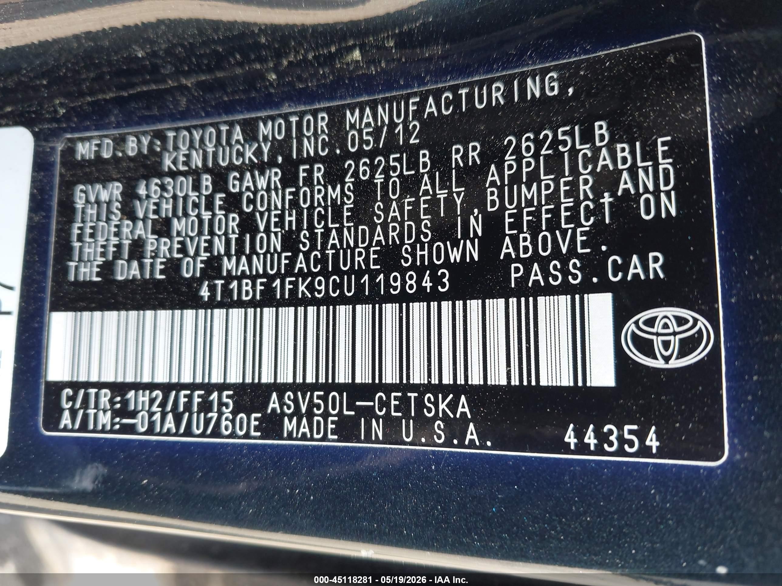 2012 Toyota Camry Se Black vin: 4T1BF1FK9CU119843