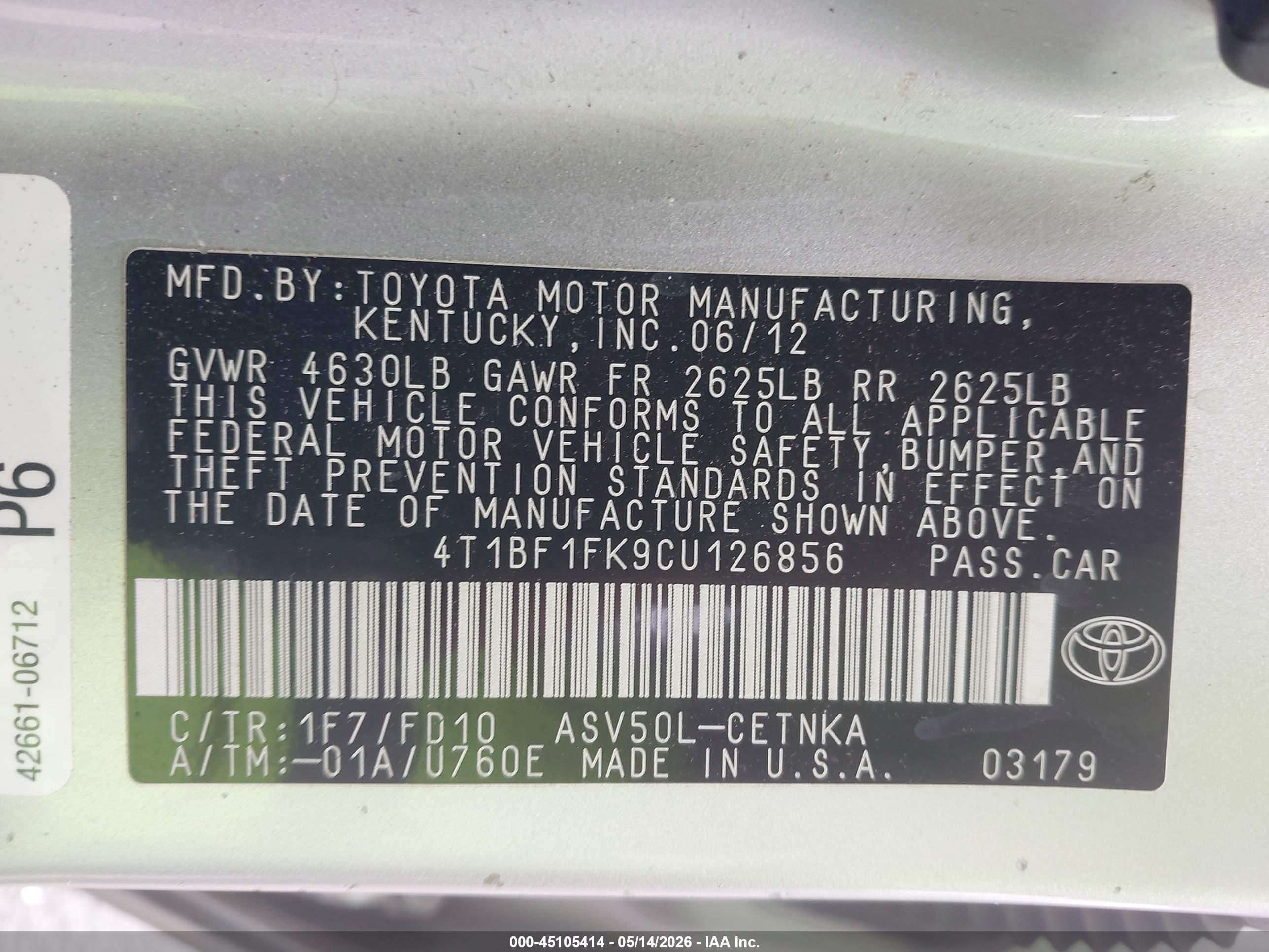 2012 Toyota Camry Le Silver vin: 4T1BF1FK9CU126856