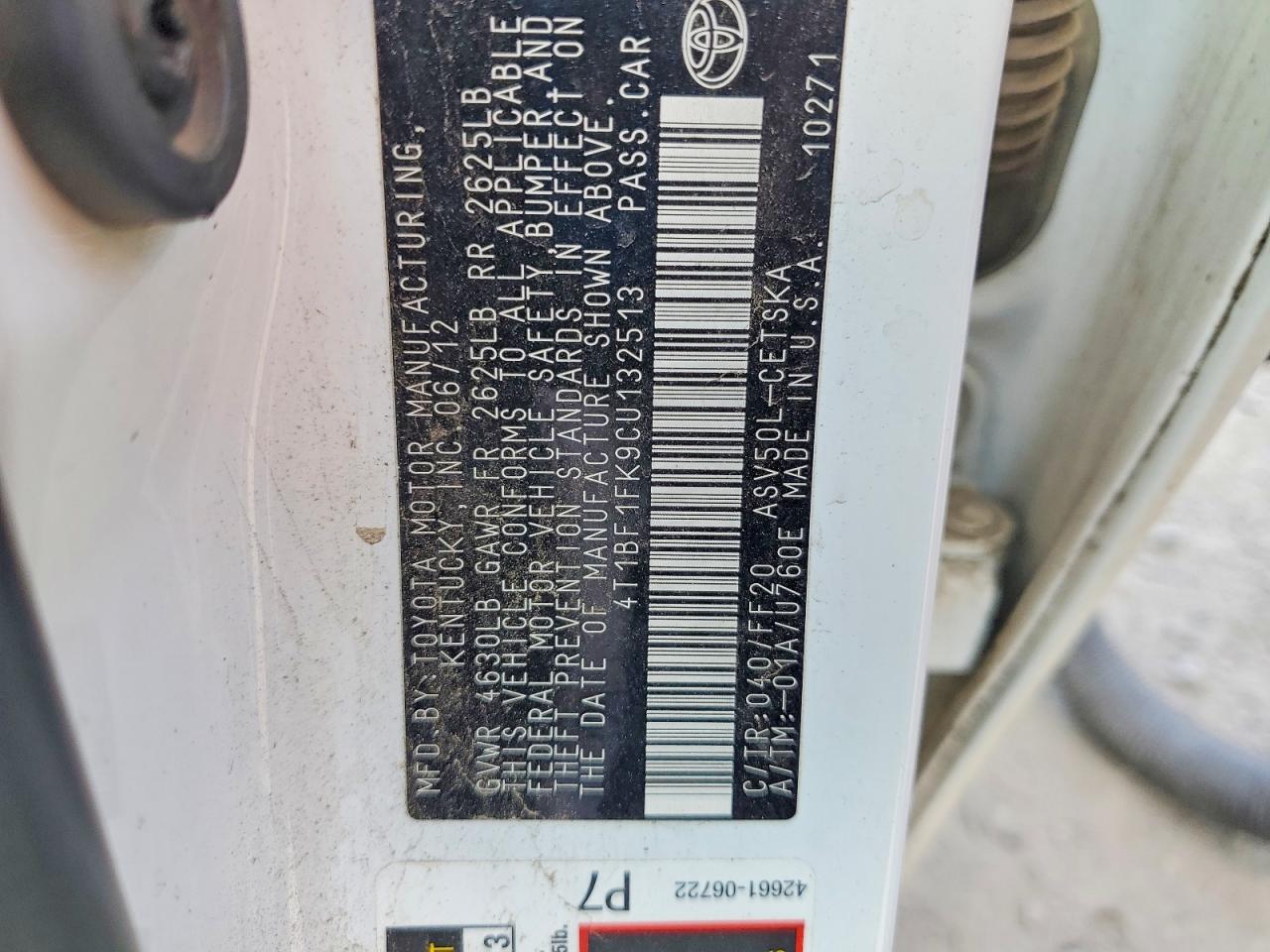 2012 Toyota Camry Se White vin: 4T1BF1FK9CU132513