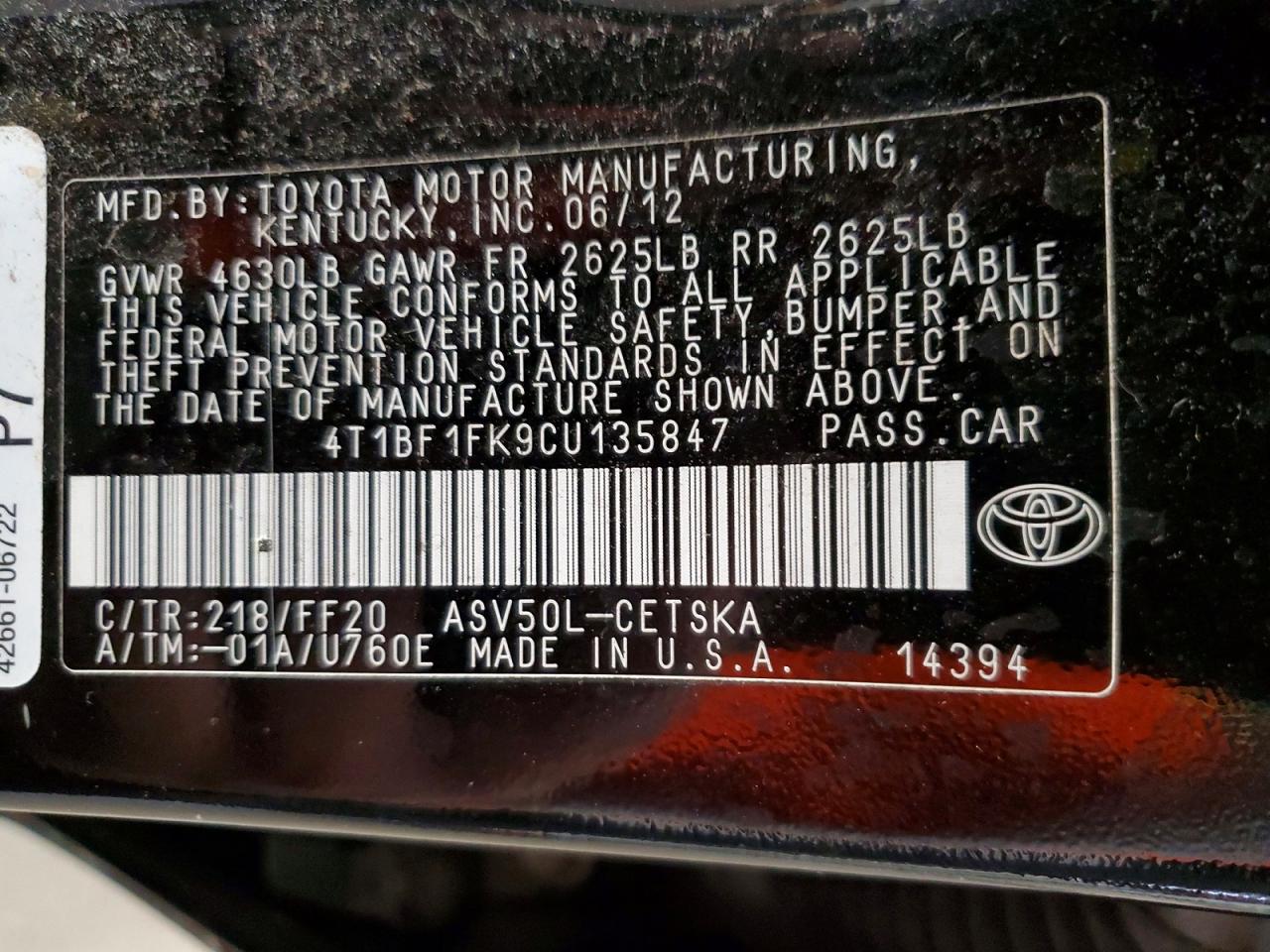 2012 Toyota Camry Se Black vin: 4T1BF1FK9CU135847