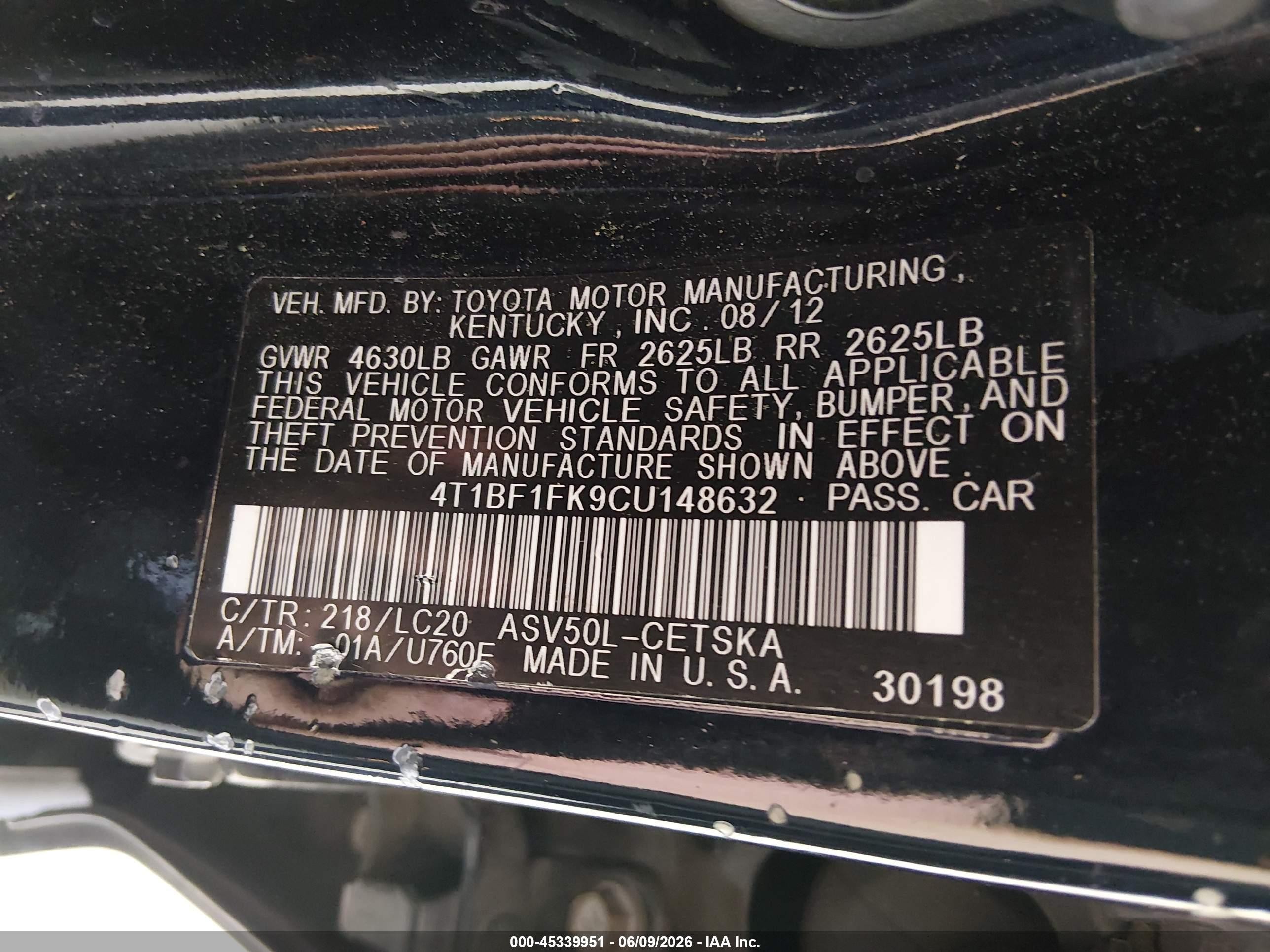 2012 Toyota Camry Se Black vin: 4T1BF1FK9CU148632