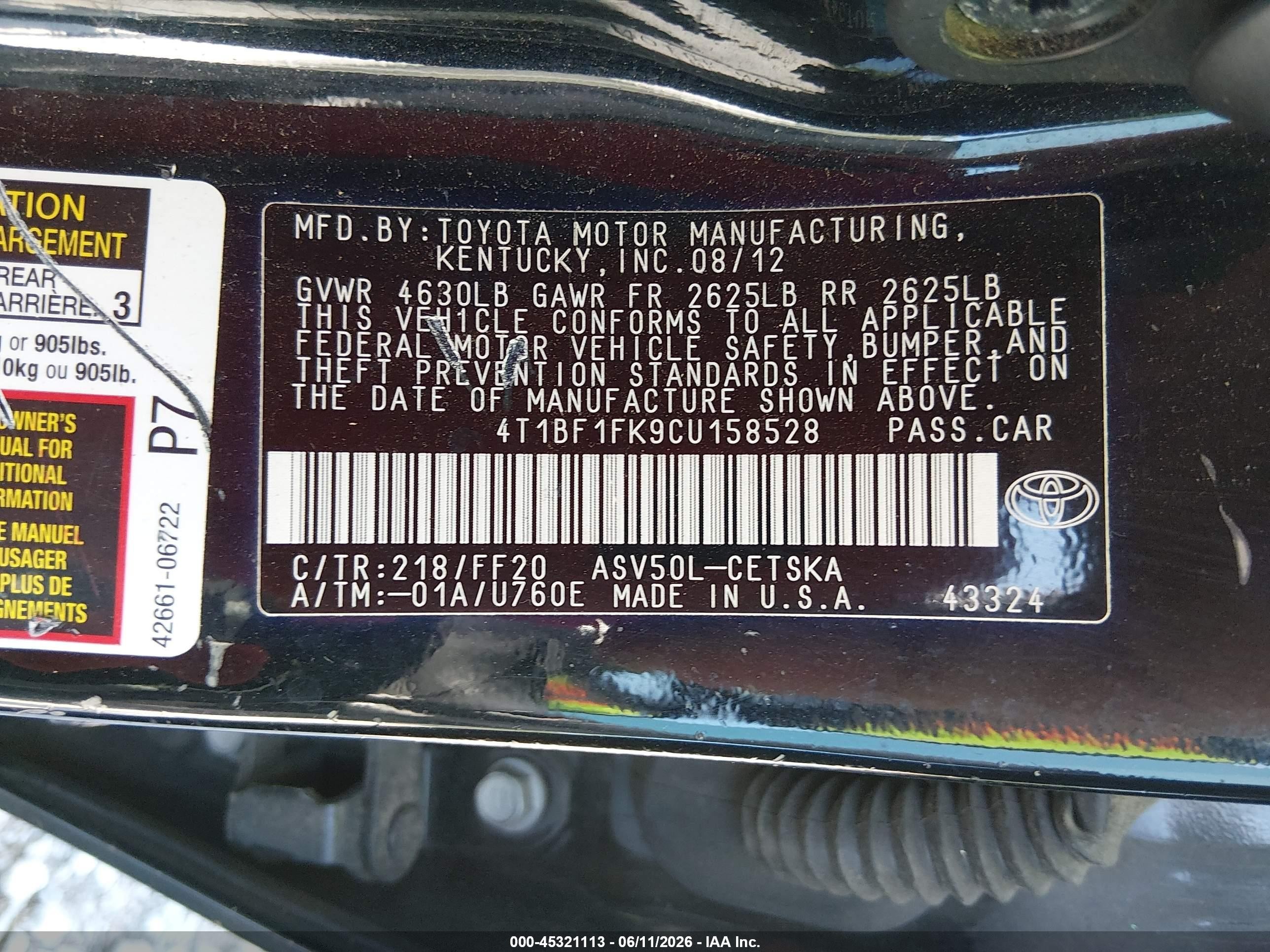 2012 Toyota Camry Se Черный vin: 4T1BF1FK9CU158528