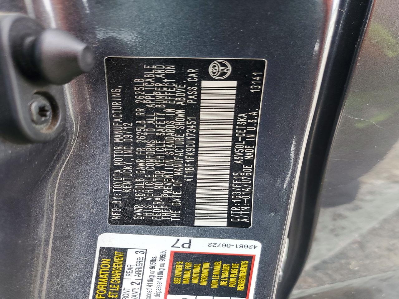2012 Toyota Camry Se Gray vin: 4T1BF1FK9CU173451